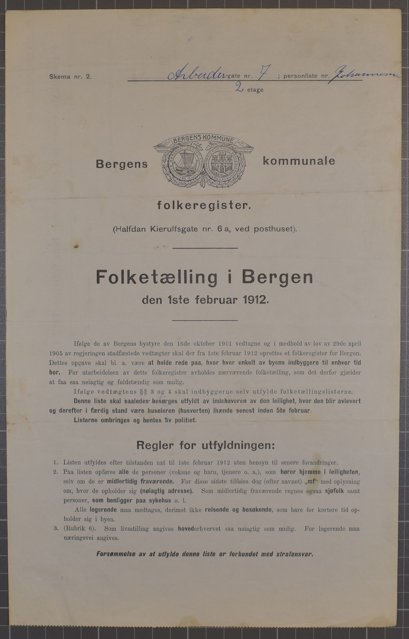 SAB, Municipal Census 1912 for Bergen, 1912, p. 1554