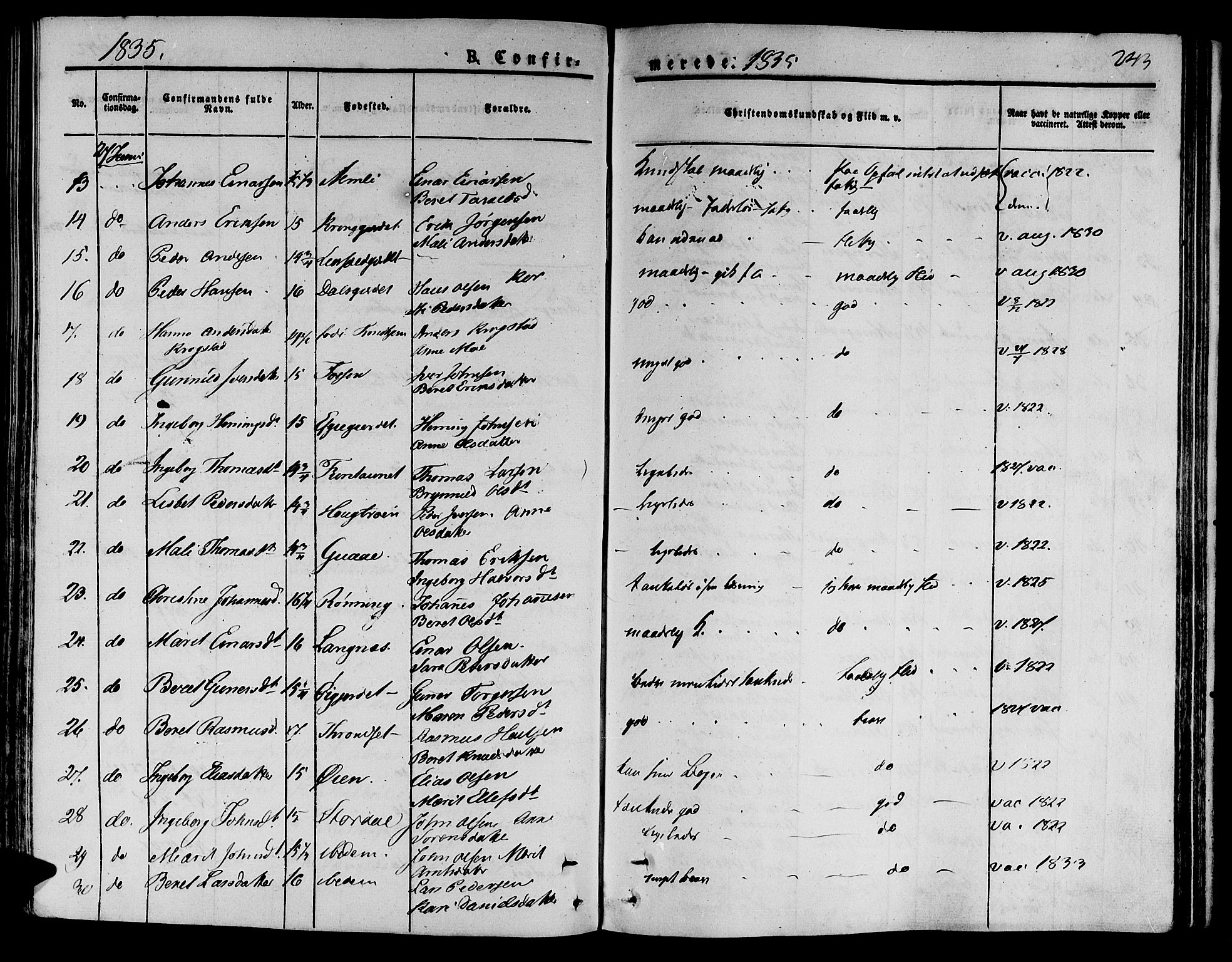 Ministerialprotokoller, klokkerbøker og fødselsregistre - Nord-Trøndelag, SAT/A-1458/709/L0071: Parish register (official) no. 709A11, 1833-1844, p. 243