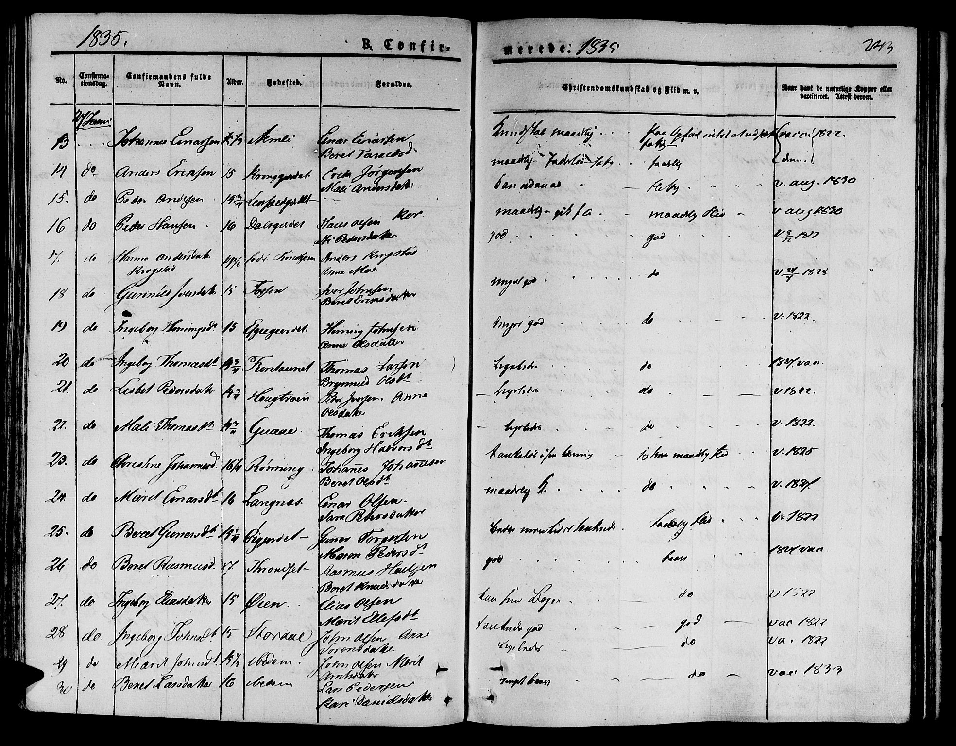 Ministerialprotokoller, klokkerbøker og fødselsregistre - Nord-Trøndelag, AV/SAT-A-1458/709/L0071: Parish register (official) no. 709A11, 1833-1844, p. 243