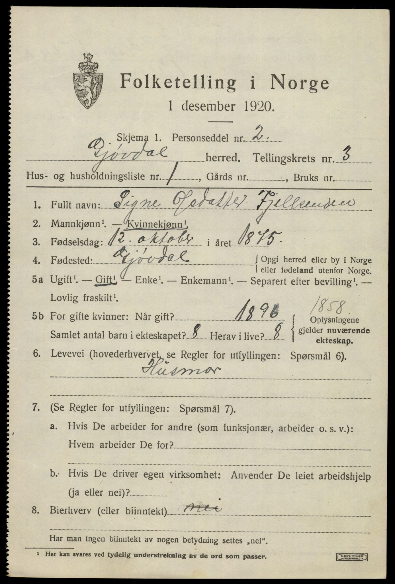 SAK, 1920 census for Gjøvdal, 1920, p. 1154