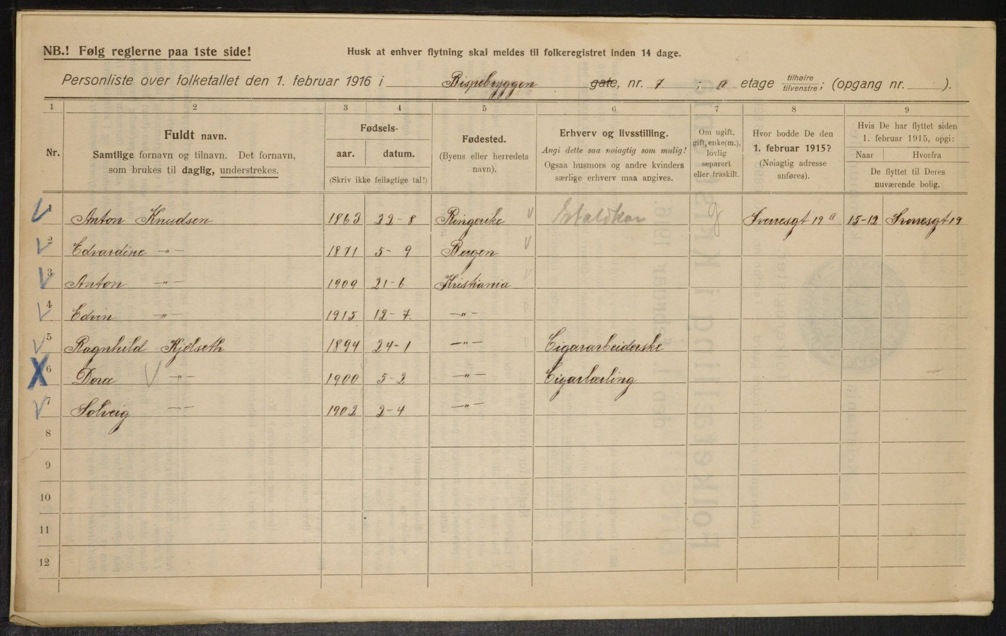 OBA, Municipal Census 1916 for Kristiania, 1916, p. 5406