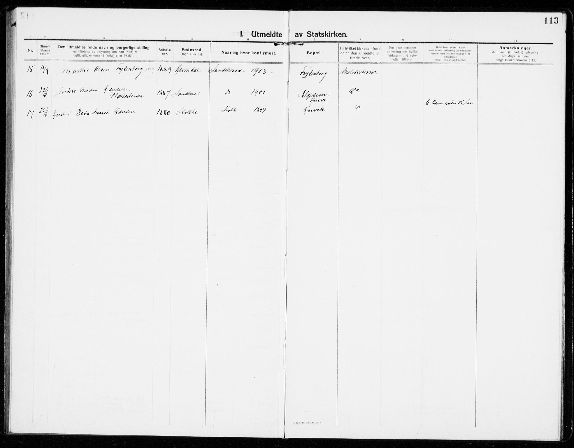 Sandar kirkebøker, SAKO/A-243/F/Fa/L0020: Parish register (official) no. 20, 1915-1919, p. 113