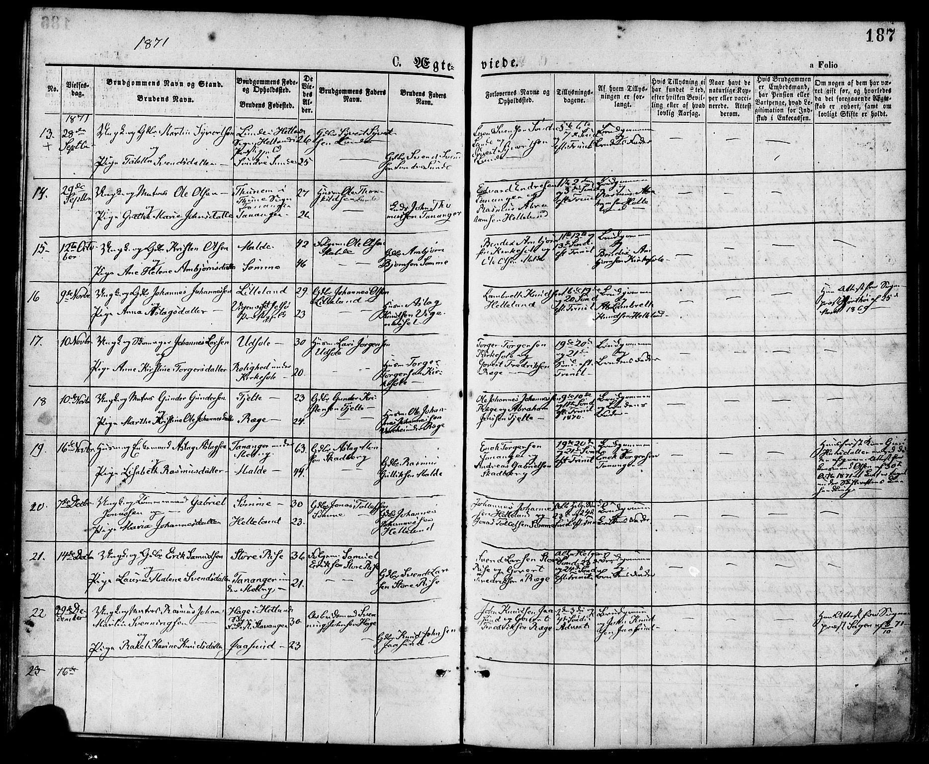 Håland sokneprestkontor, SAST/A-101802/001/30BA/L0009: Parish register (official) no. A 8, 1871-1882, p. 187