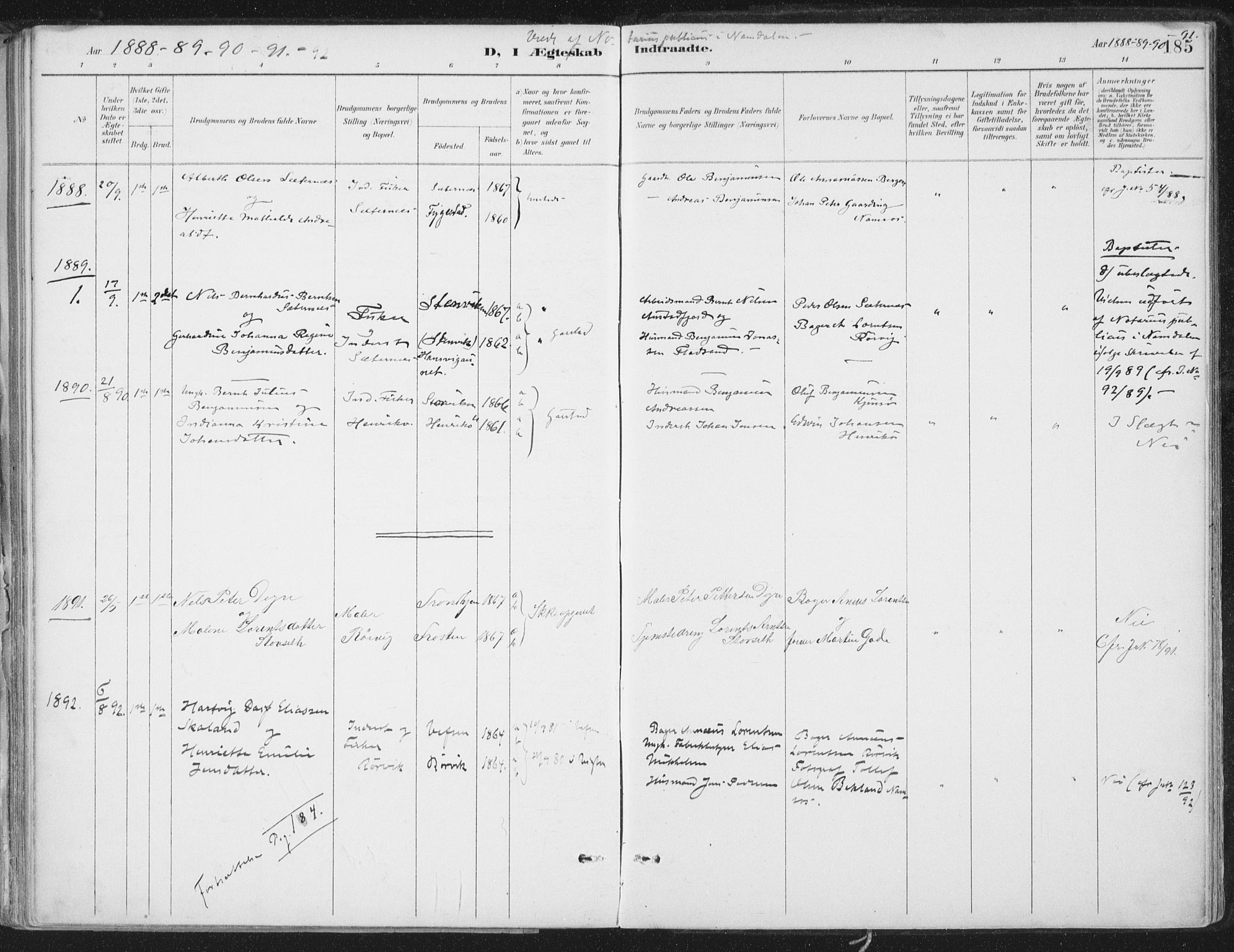 Ministerialprotokoller, klokkerbøker og fødselsregistre - Nord-Trøndelag, SAT/A-1458/786/L0687: Parish register (official) no. 786A03, 1888-1898, p. 185