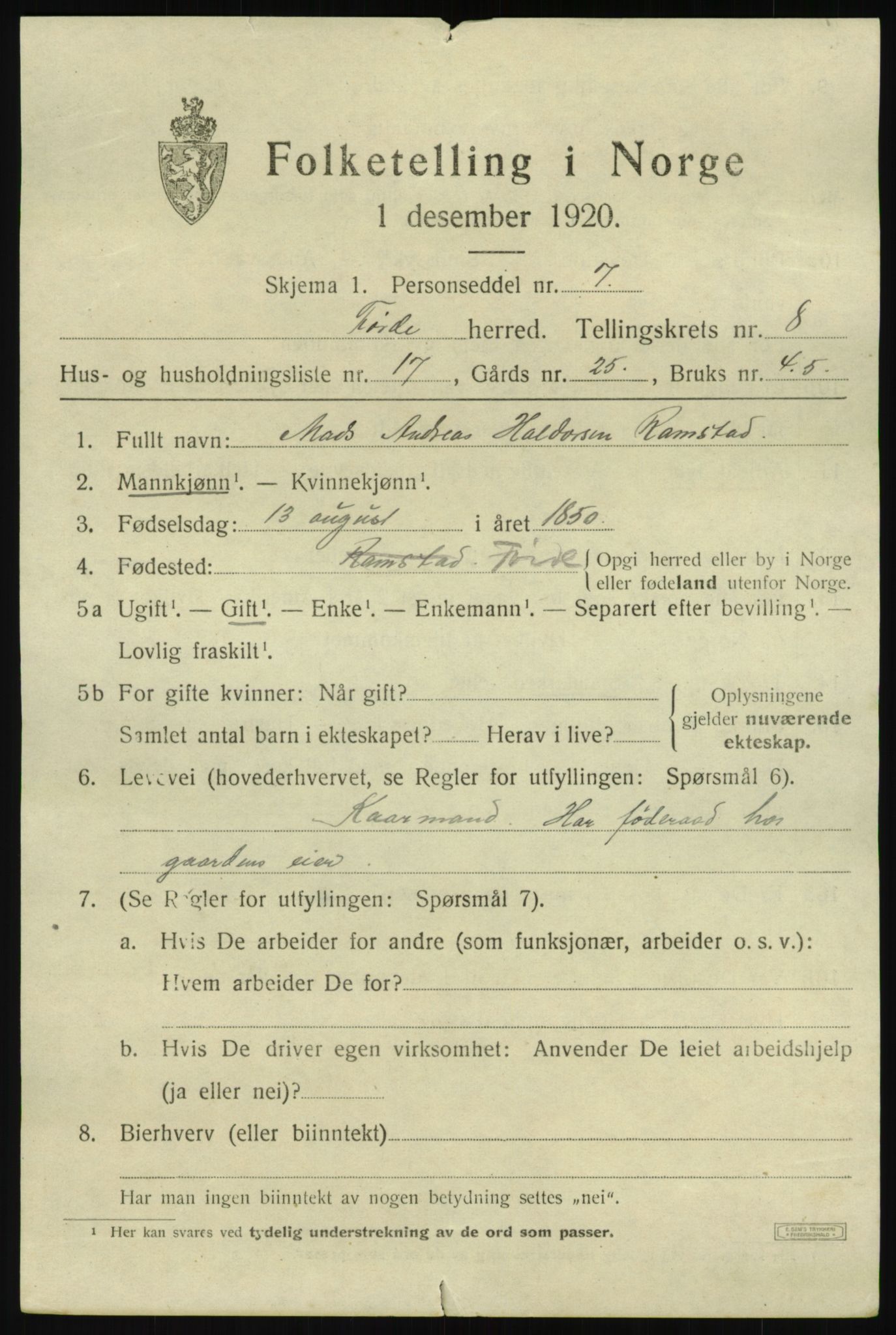 SAB, 1920 census for Førde, 1920, p. 3366