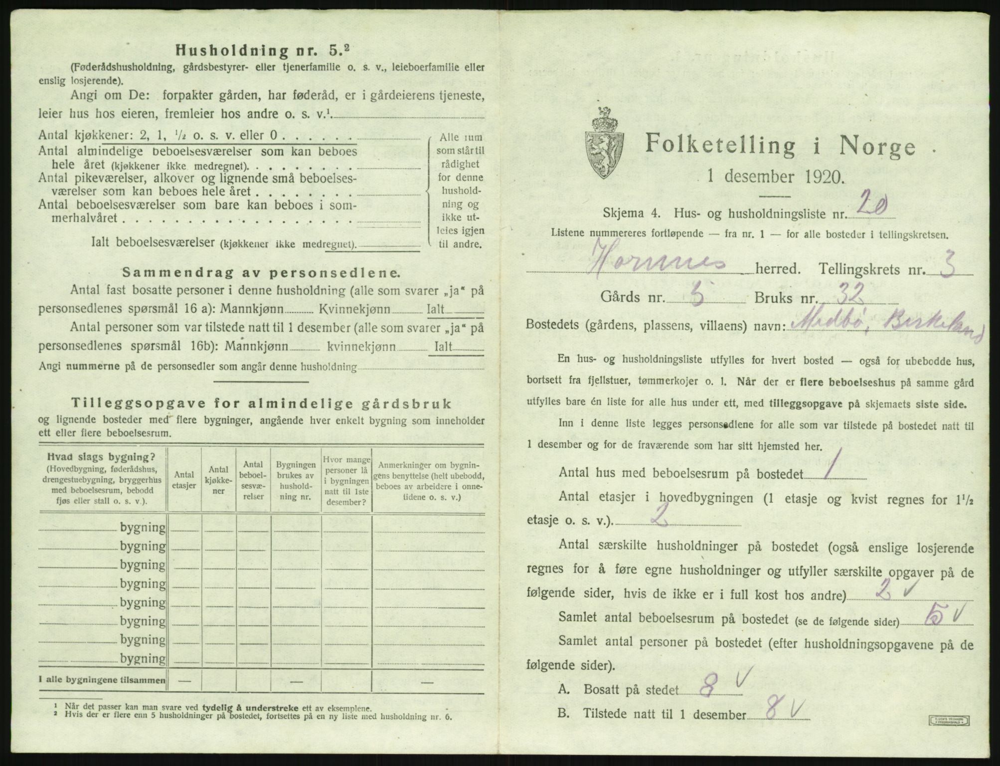 SAK, 1920 census for Hornnes, 1920, p. 155