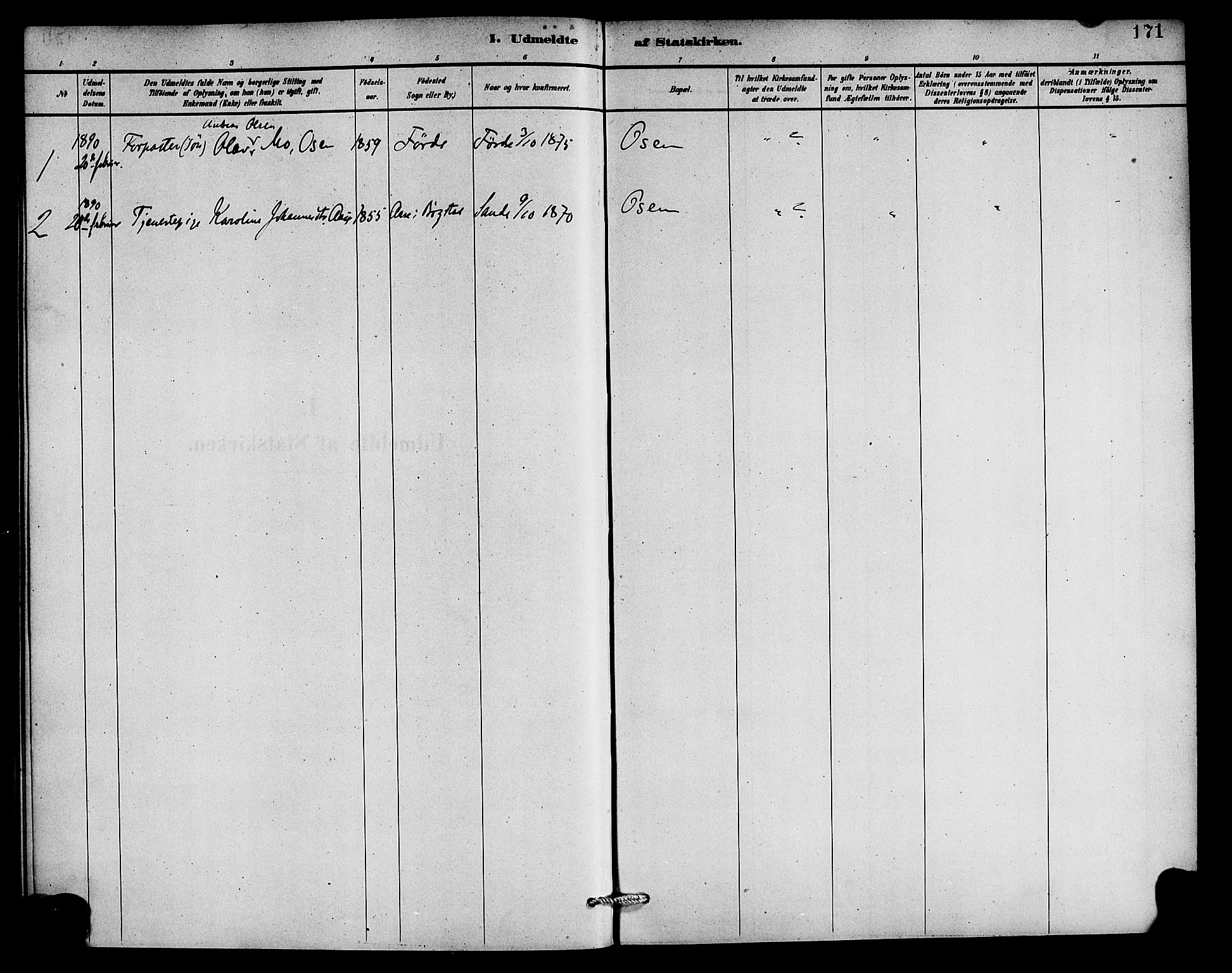 Gaular sokneprestembete, SAB/A-80001/H/Haa: Parish register (official) no. C 1, 1882-1897, p. 171