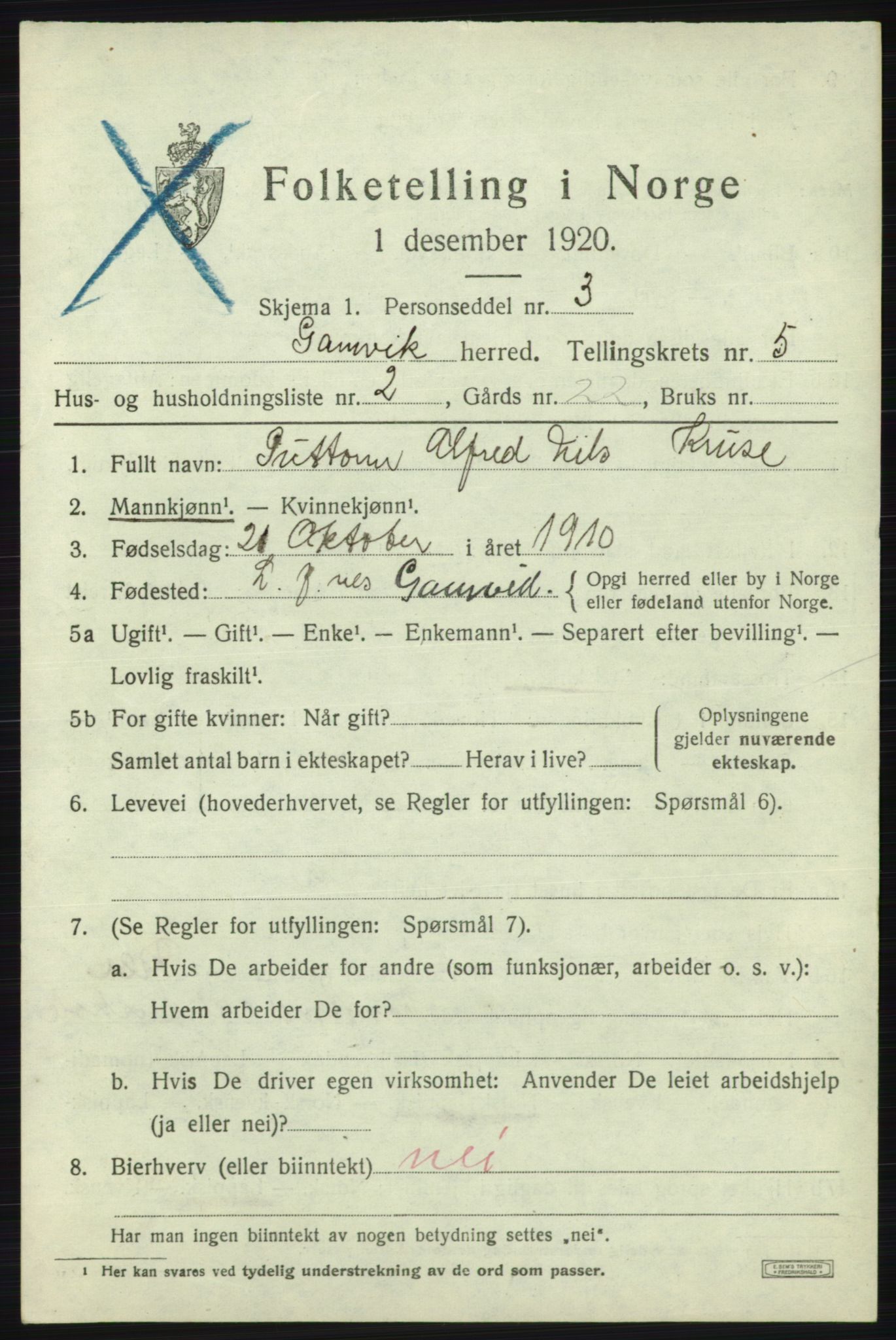 SATØ, 1920 census for Gamvik, 1920, p. 3564