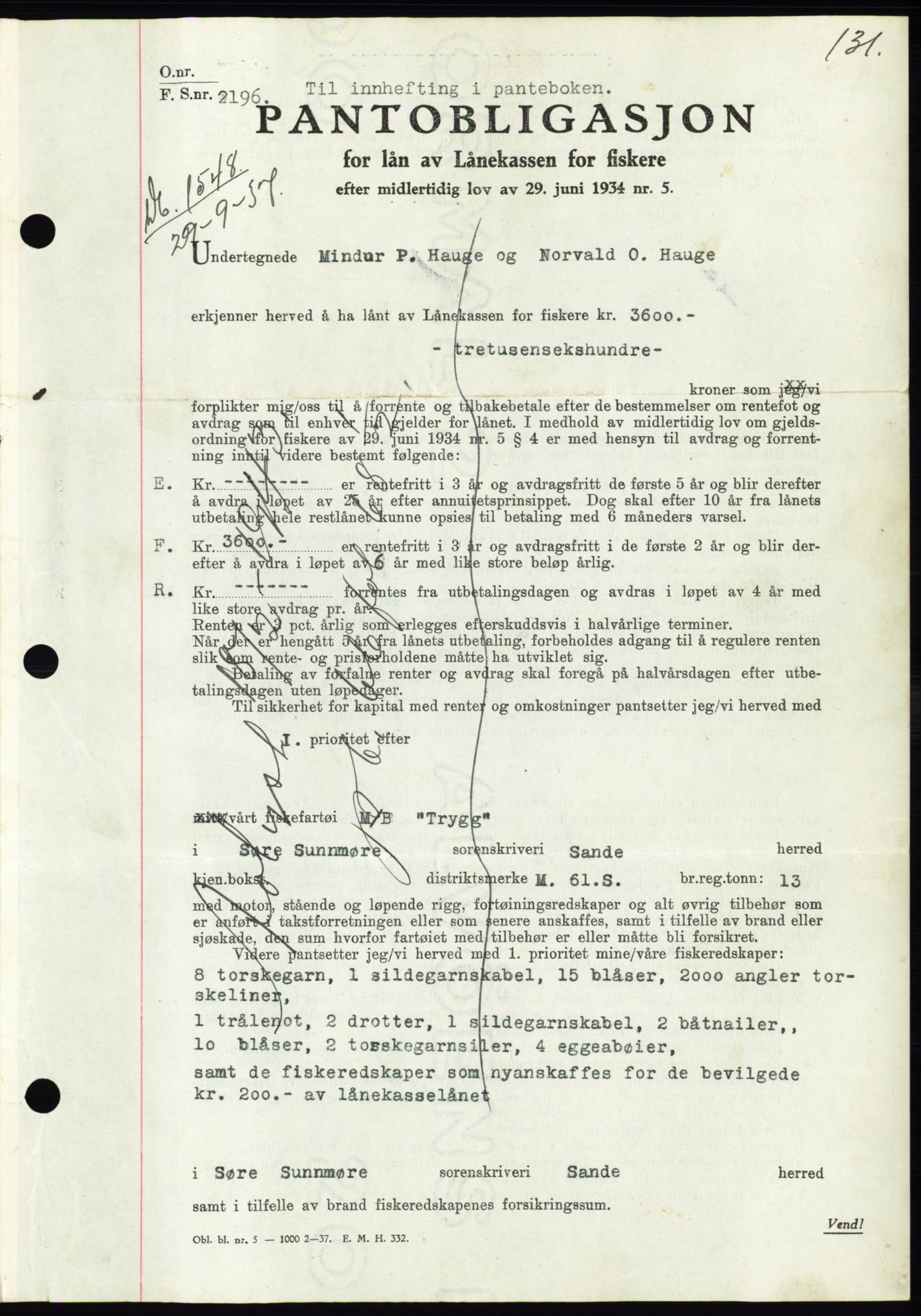 Søre Sunnmøre sorenskriveri, AV/SAT-A-4122/1/2/2C/L0064: Mortgage book no. 58, 1937-1938, Diary no: : 1548/1937