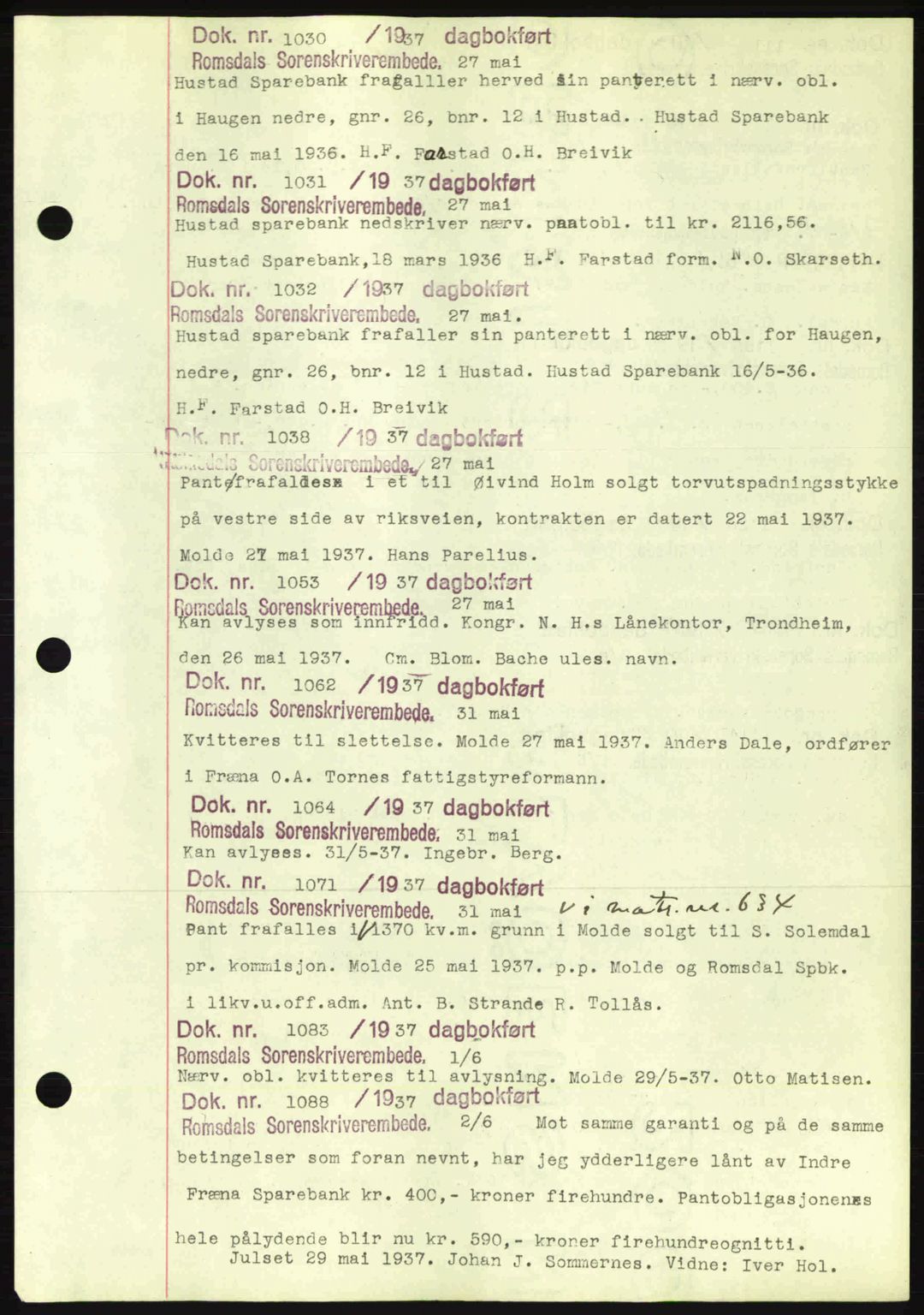 Romsdal sorenskriveri, AV/SAT-A-4149/1/2/2C: Mortgage book no. C1a, 1936-1945, Diary no: : 1030/1937