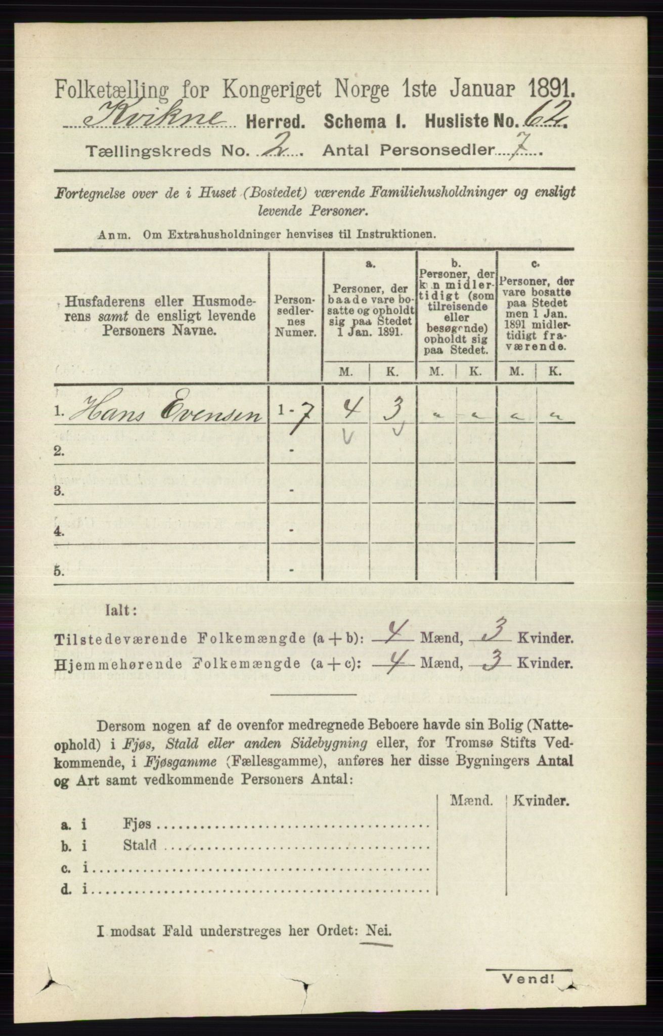 RA, 1891 census for 0440 Kvikne, 1891, p. 291