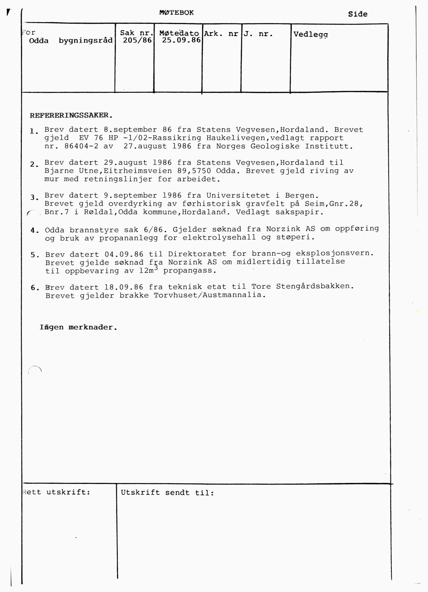 Odda kommune. Bygningsrådet, IKAH/1228-511/A/Aa/L0012: Møtebok for Odda bygningsråd, 1986