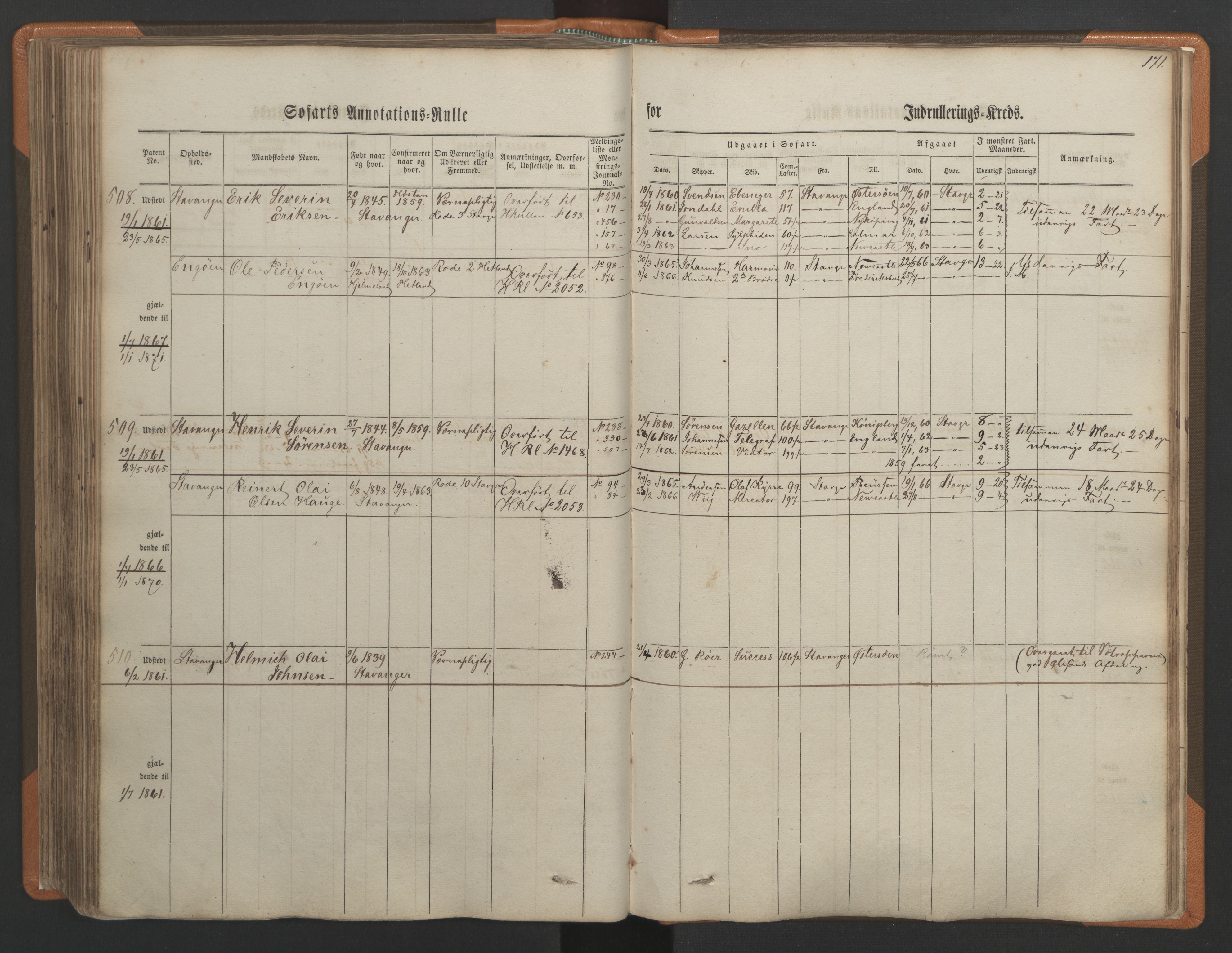 Stavanger sjømannskontor, AV/SAST-A-102006/F/Ff/L0001: Annotasjonsrulle, patentnr. 1-597 (del 1), 1860-1864, p. 181