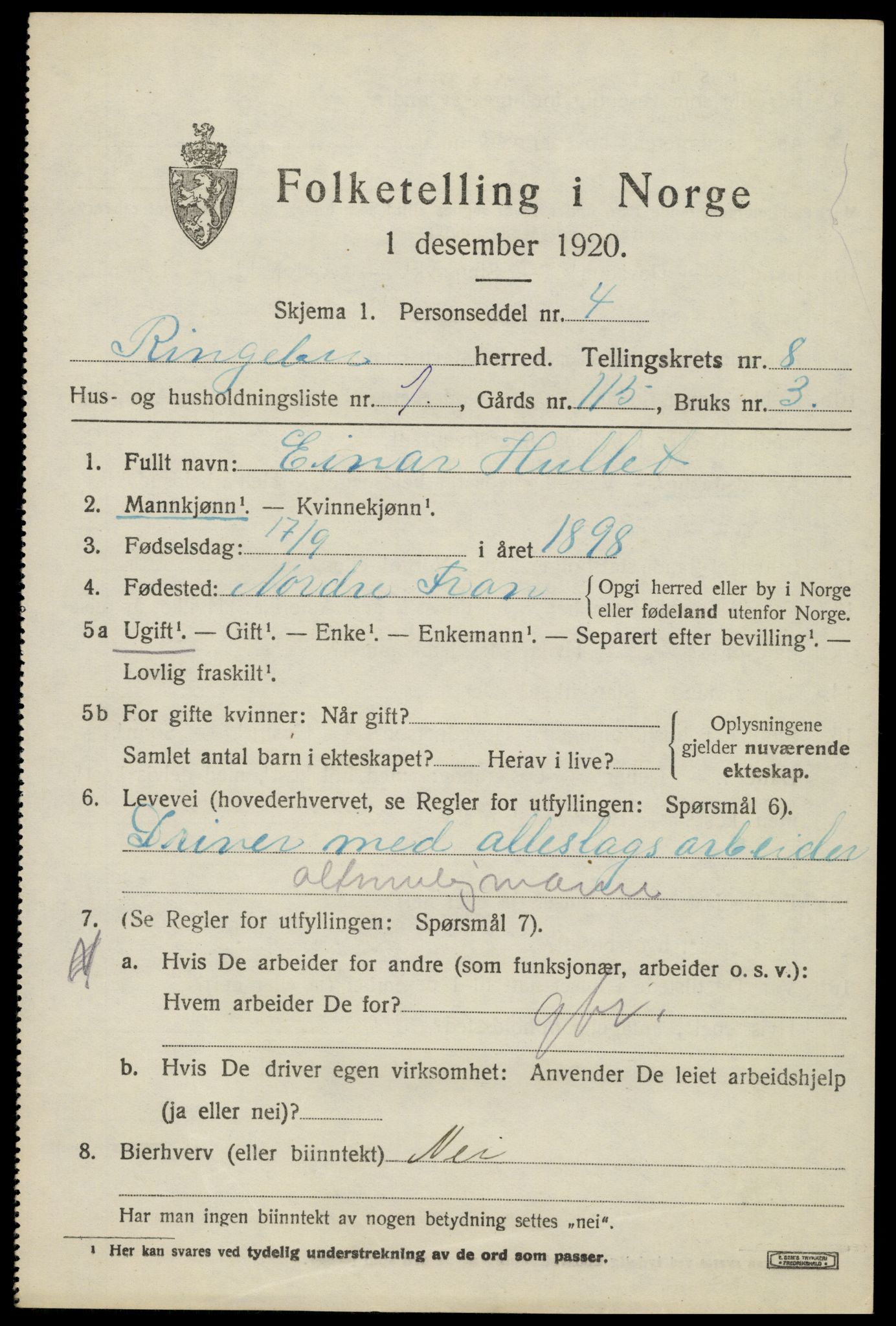 SAH, 1920 census for Ringebu, 1920, p. 8011