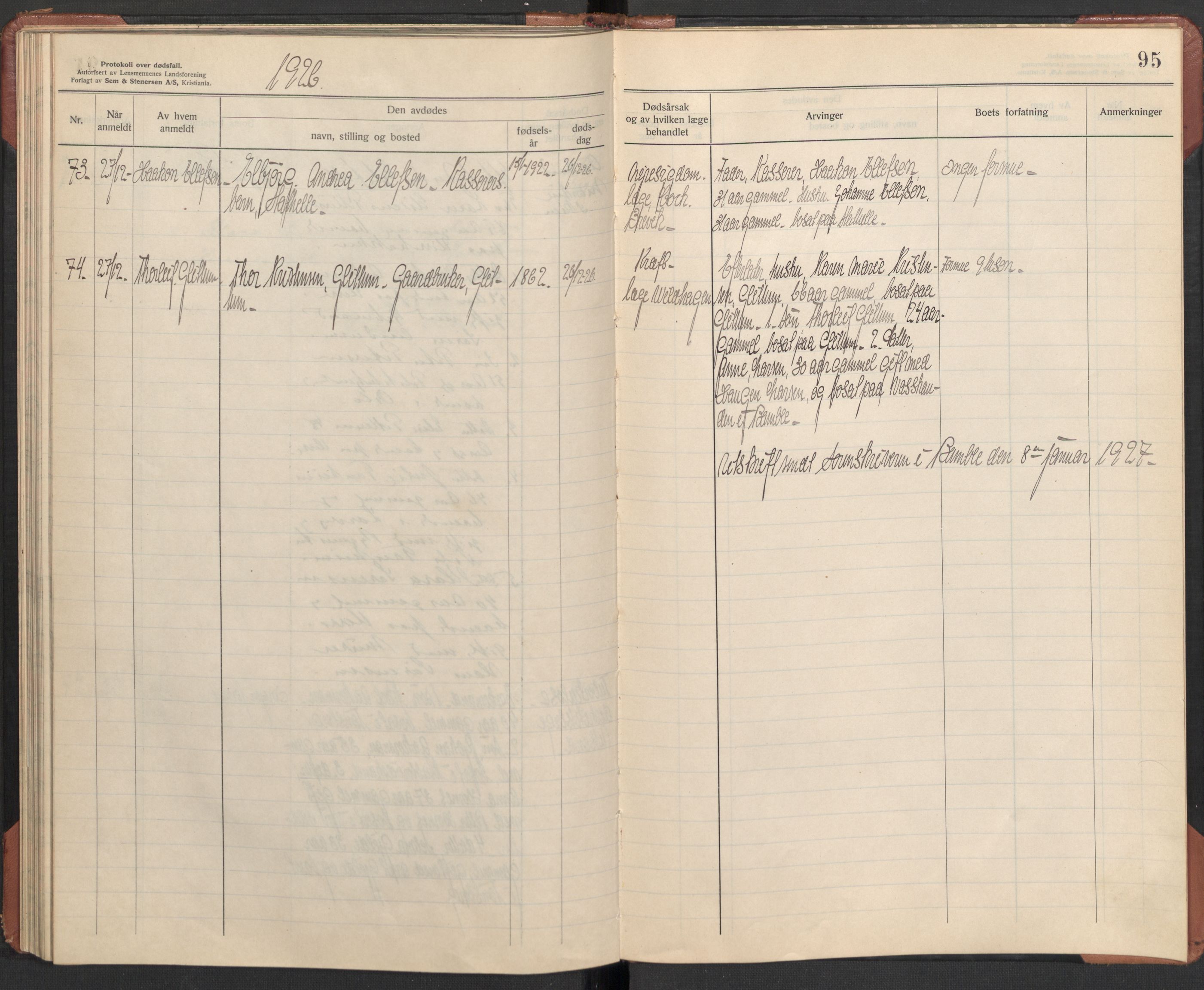 Bamble lensmannskontor, AV/SAKO-A-552/H/Ha/Haa/L0004: Dødsfallsprotokoll, 1923-1926, p. 95
