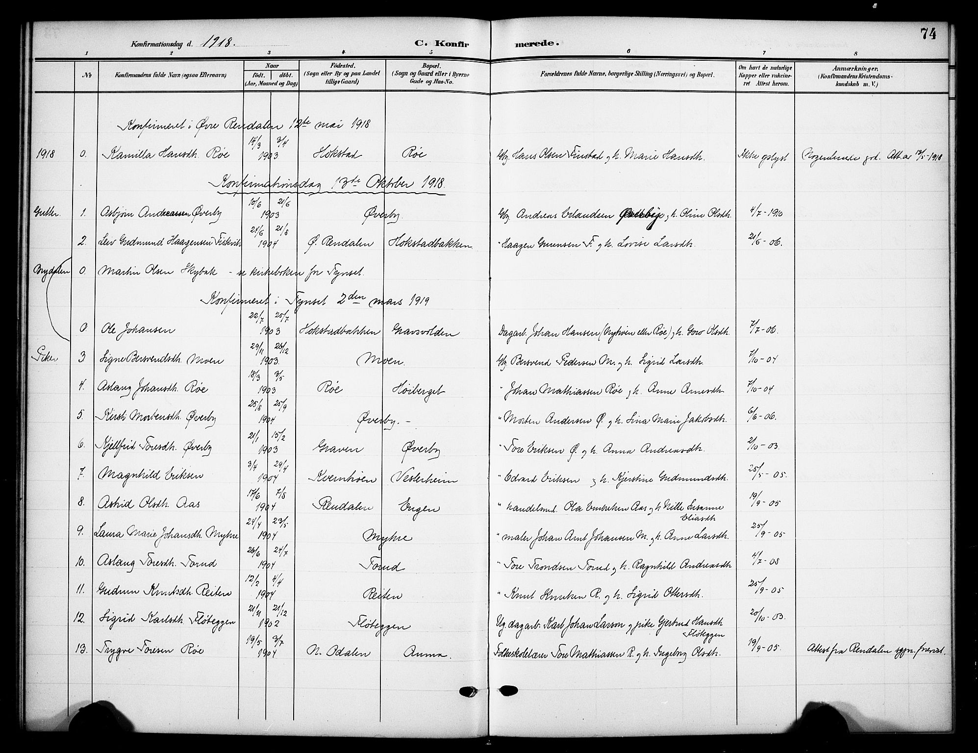 Tynset prestekontor, AV/SAH-PREST-058/H/Ha/Hab/L0010: Parish register (copy) no. 10, 1902-1929, p. 74