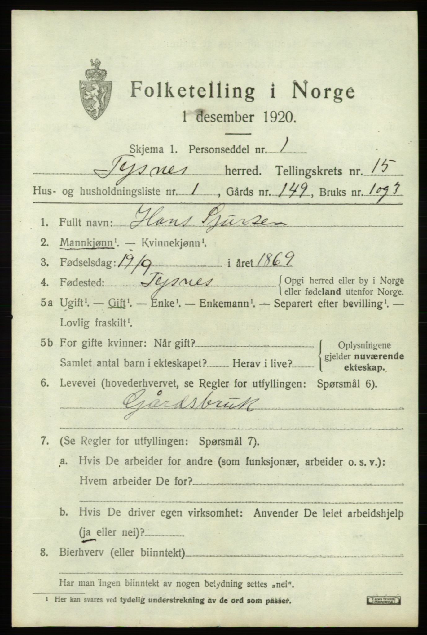 SAB, 1920 census for Tysnes, 1920, p. 9938