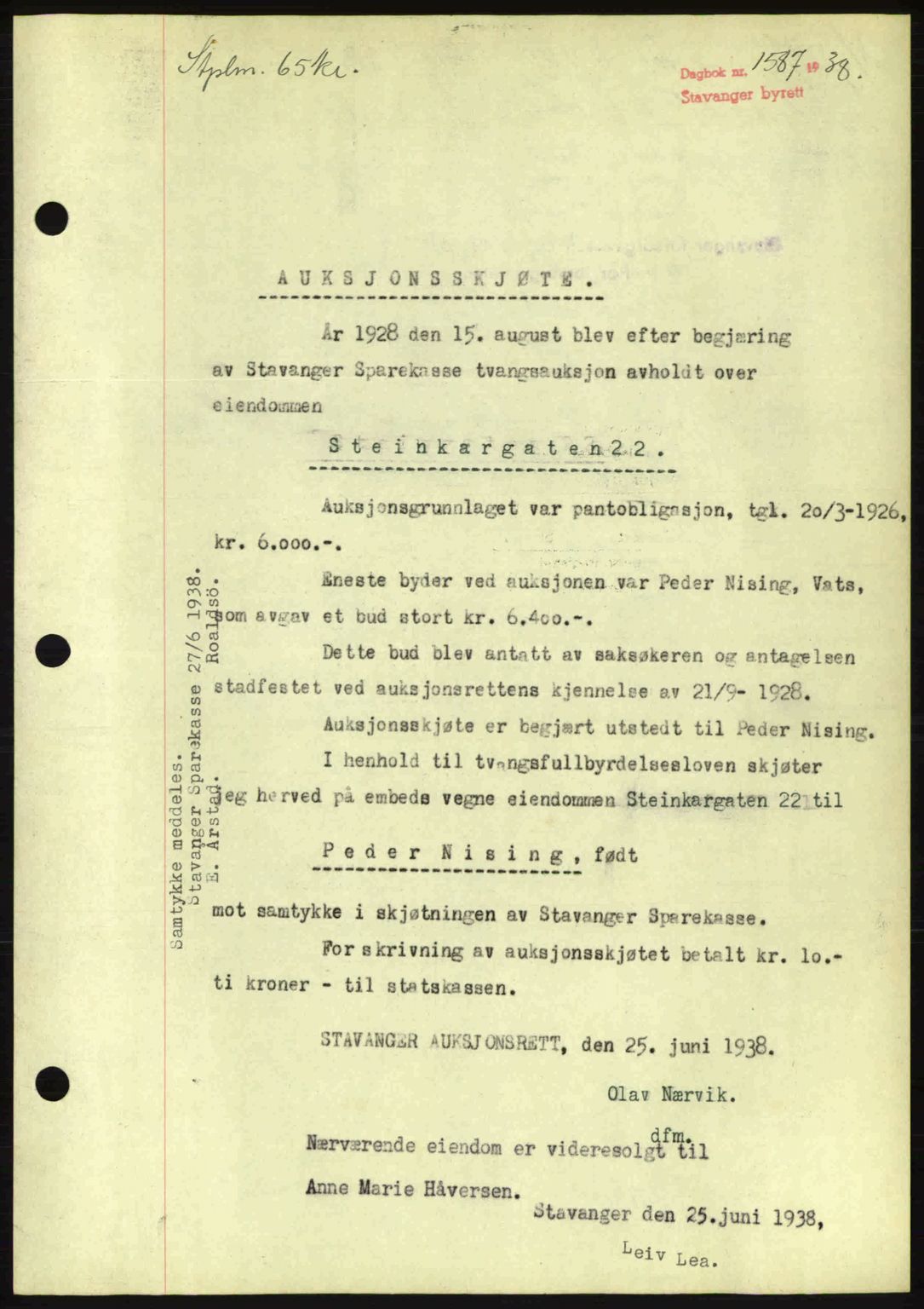 Stavanger byrett, SAST/A-100455/002/G/Gb/L0013: Mortgage book no. A3, 1937-1938, Diary no: : 1587/1938