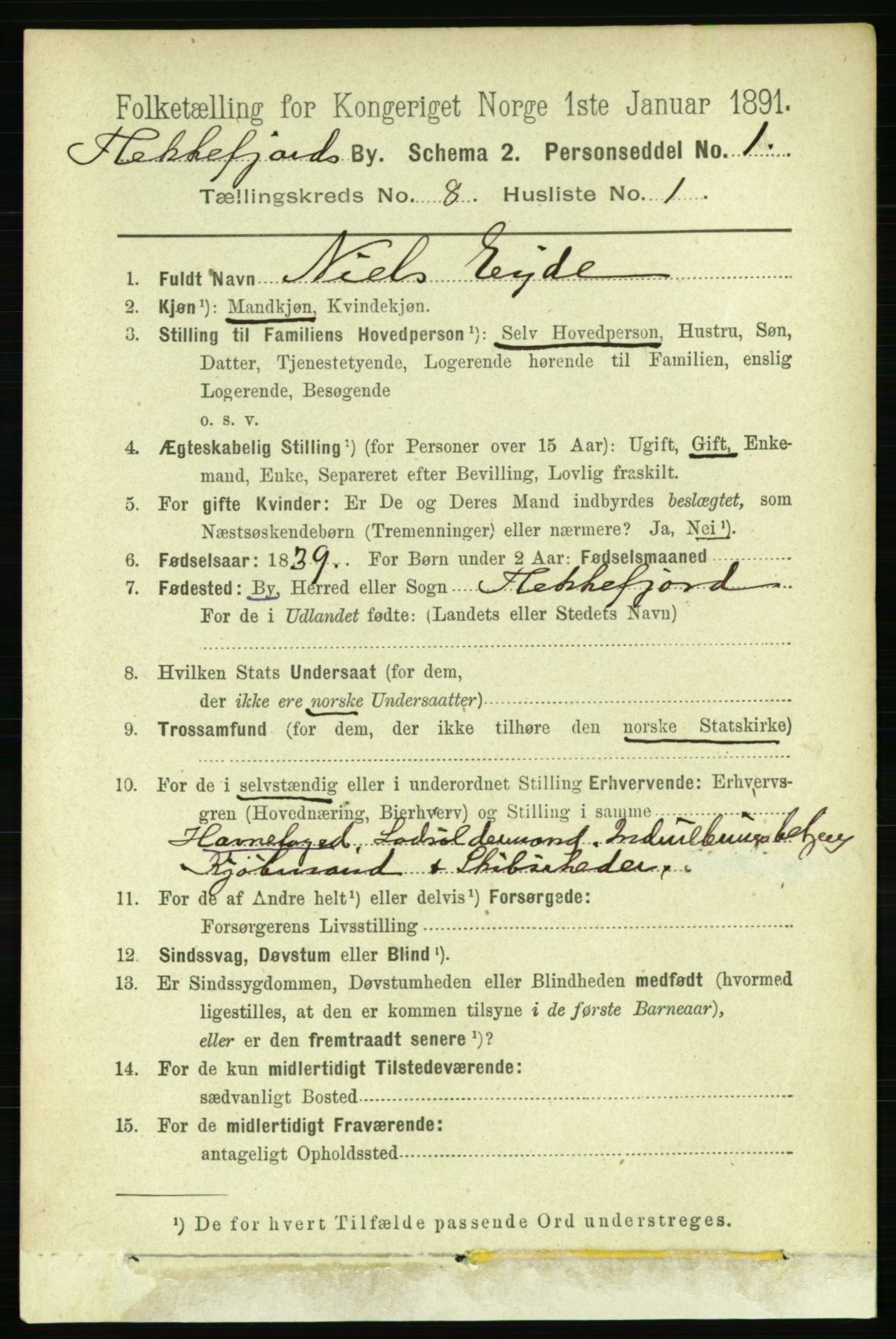 RA, 1891 census for 1004 Flekkefjord, 1891, p. 1363