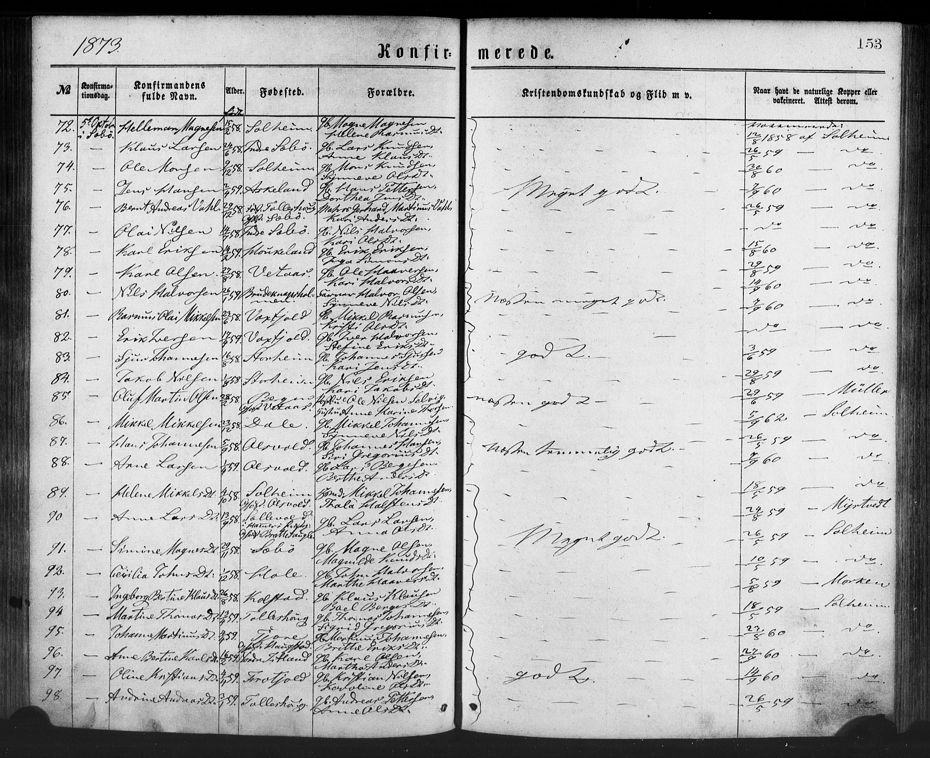 Manger sokneprestembete, SAB/A-76801/H/Haa: Parish register (official) no. A 8, 1871-1880, p. 153