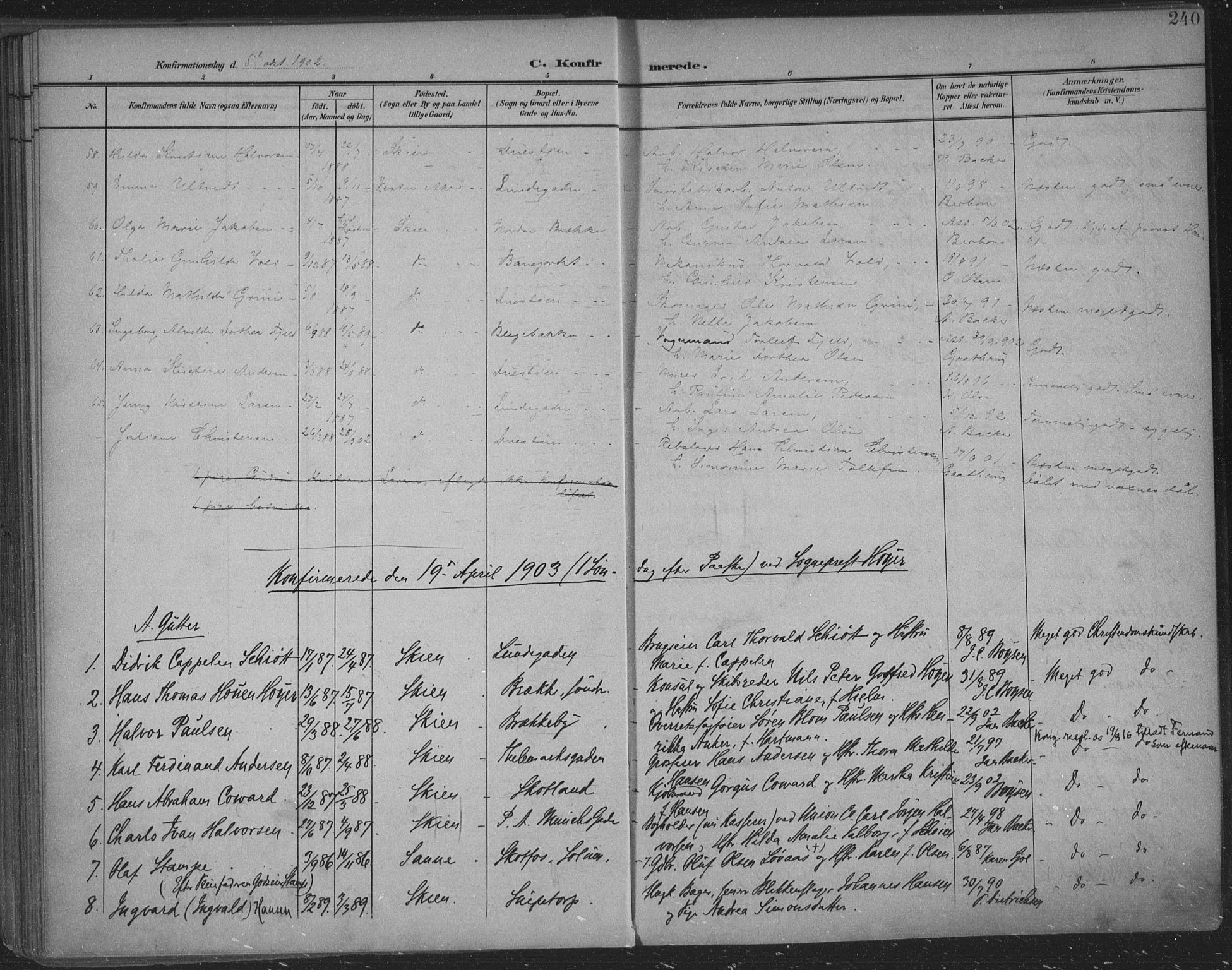 Skien kirkebøker, AV/SAKO-A-302/F/Fa/L0011: Parish register (official) no. 11, 1900-1907, p. 240