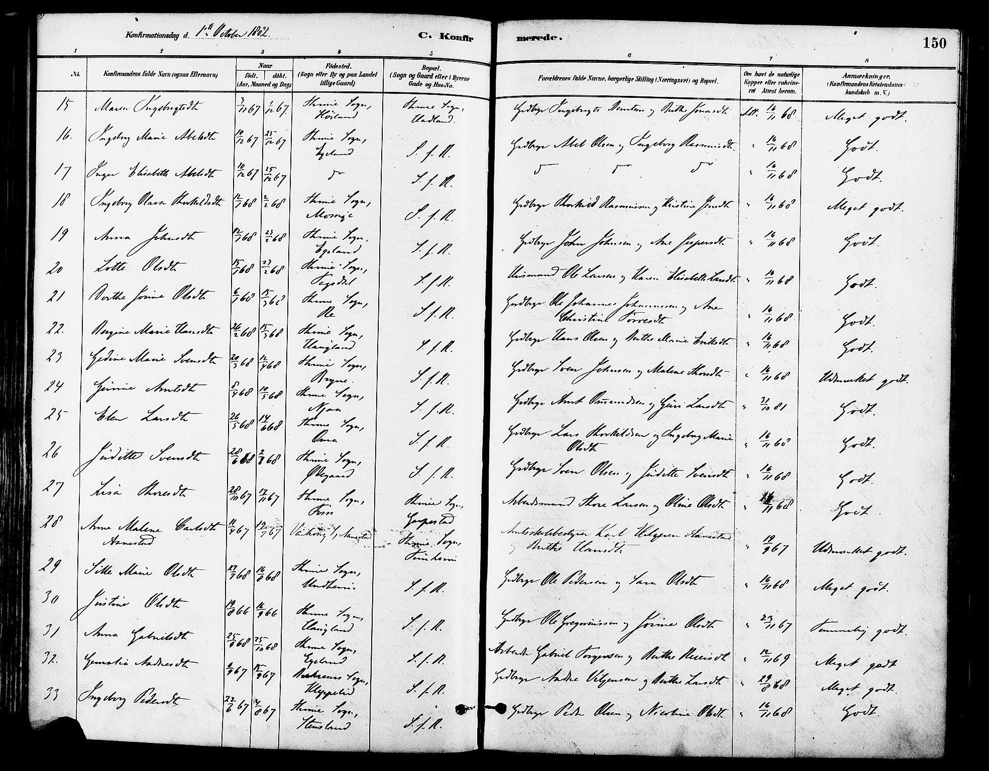 Lye sokneprestkontor, SAST/A-101794/001/30BA/L0009: Parish register (official) no. A 8, 1881-1892, p. 150