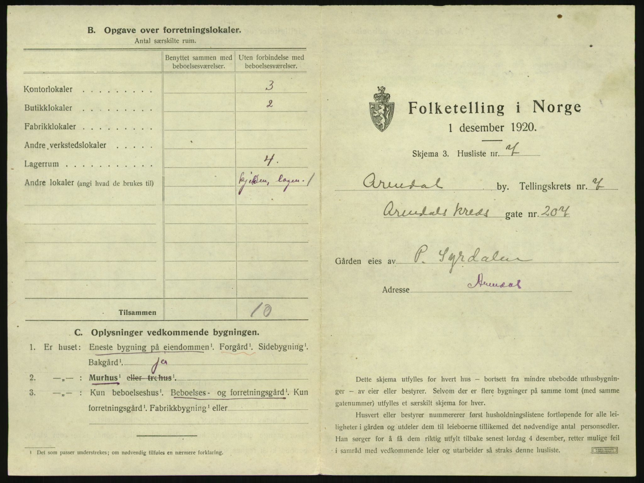 SAK, 1920 census for Arendal, 1920, p. 864