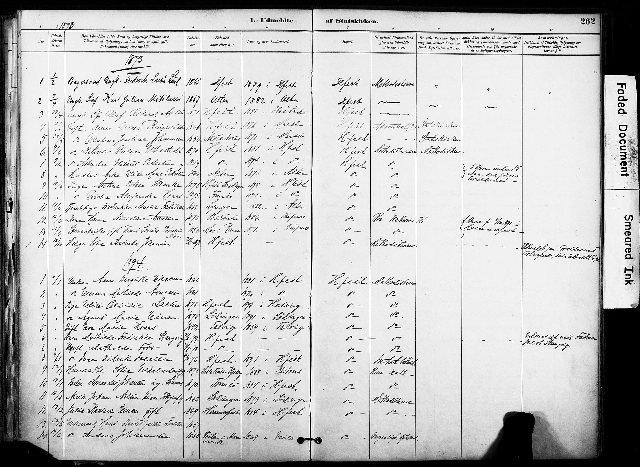 Hammerfest sokneprestkontor, SATØ/S-1347/H/Ha/L0009.kirke: Parish register (official) no. 9, 1889-1897, p. 262