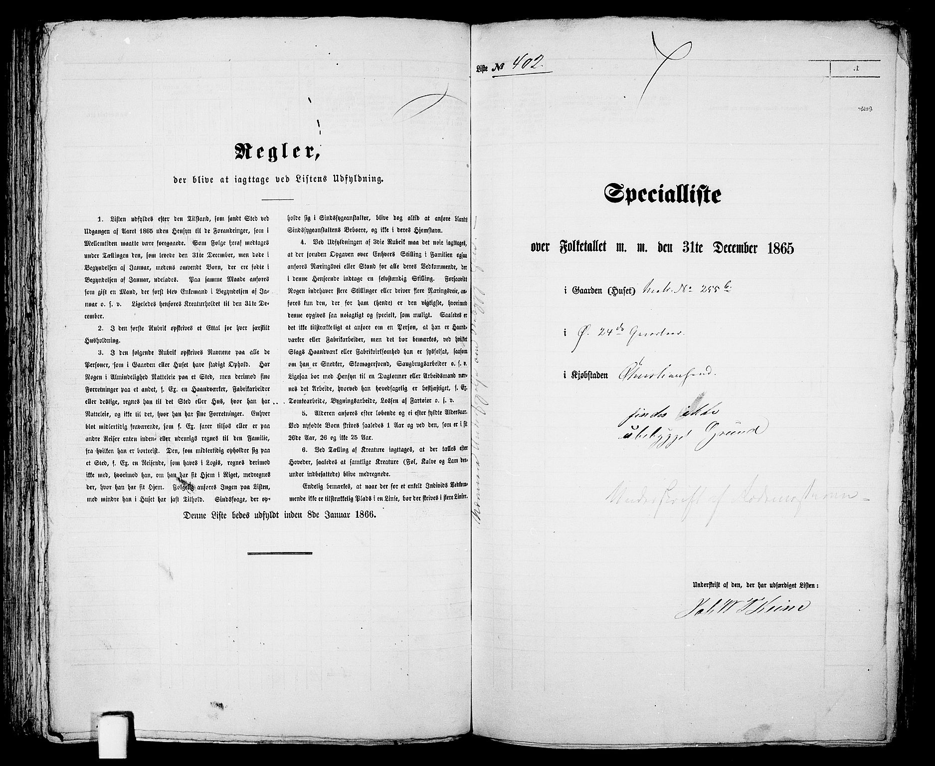 RA, 1865 census for Kristiansand, 1865, p. 825