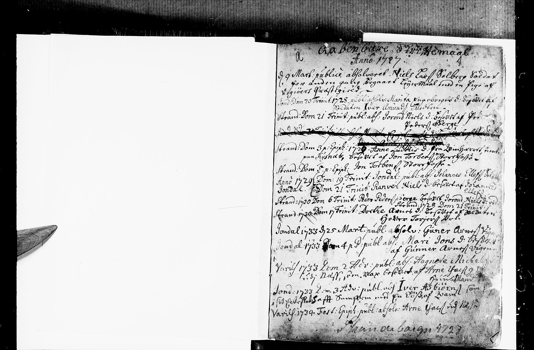 Strandebarm sokneprestembete, SAB/A-78401/H/Haa: Parish register (official) no. A 2 /1, 1727-1750, p. 1