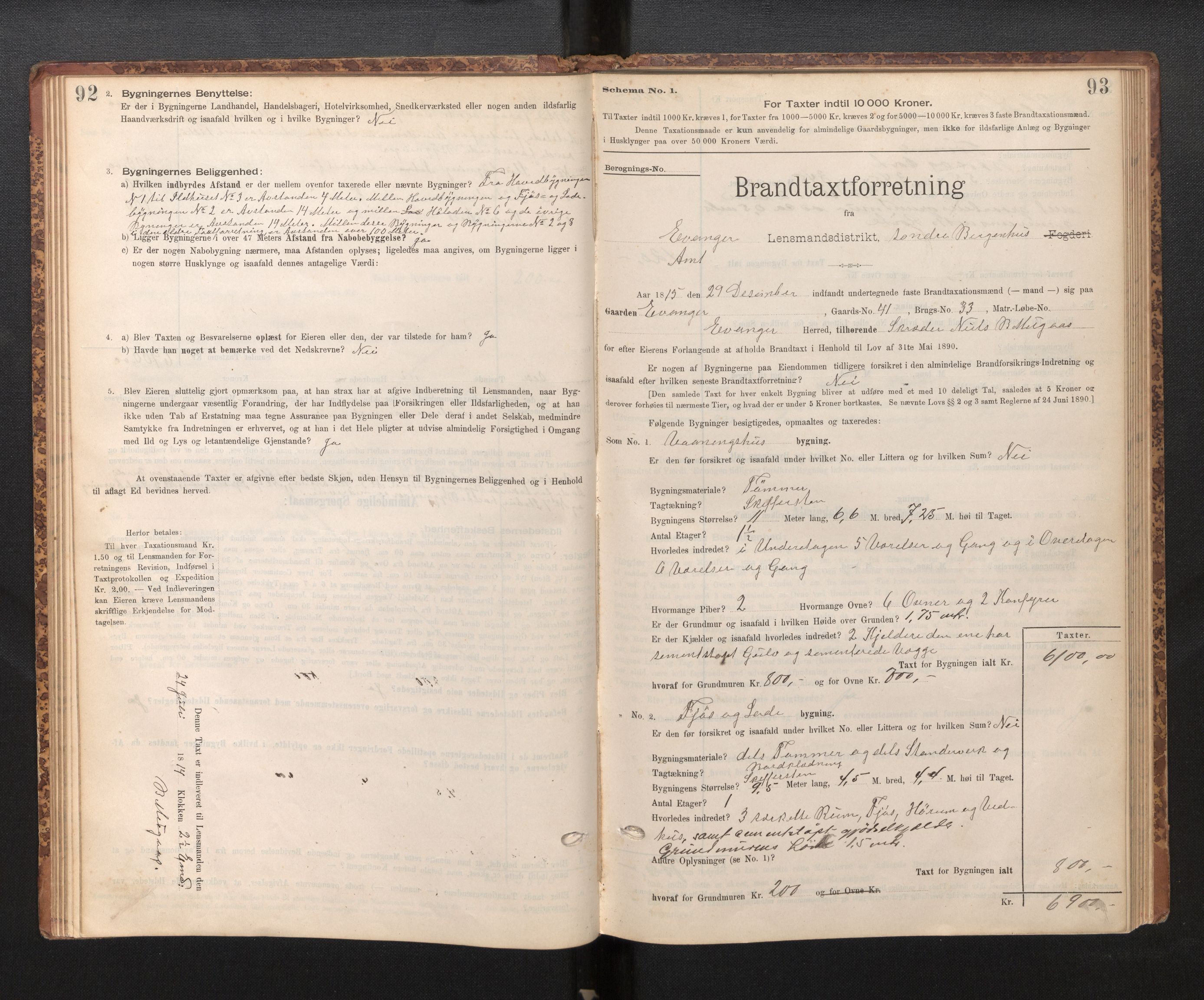 Lensmannen i Evanger, SAB/A-31701/0012/L0005: Branntakstprotokoll, skjematakst, 1895-1935, p. 92-93