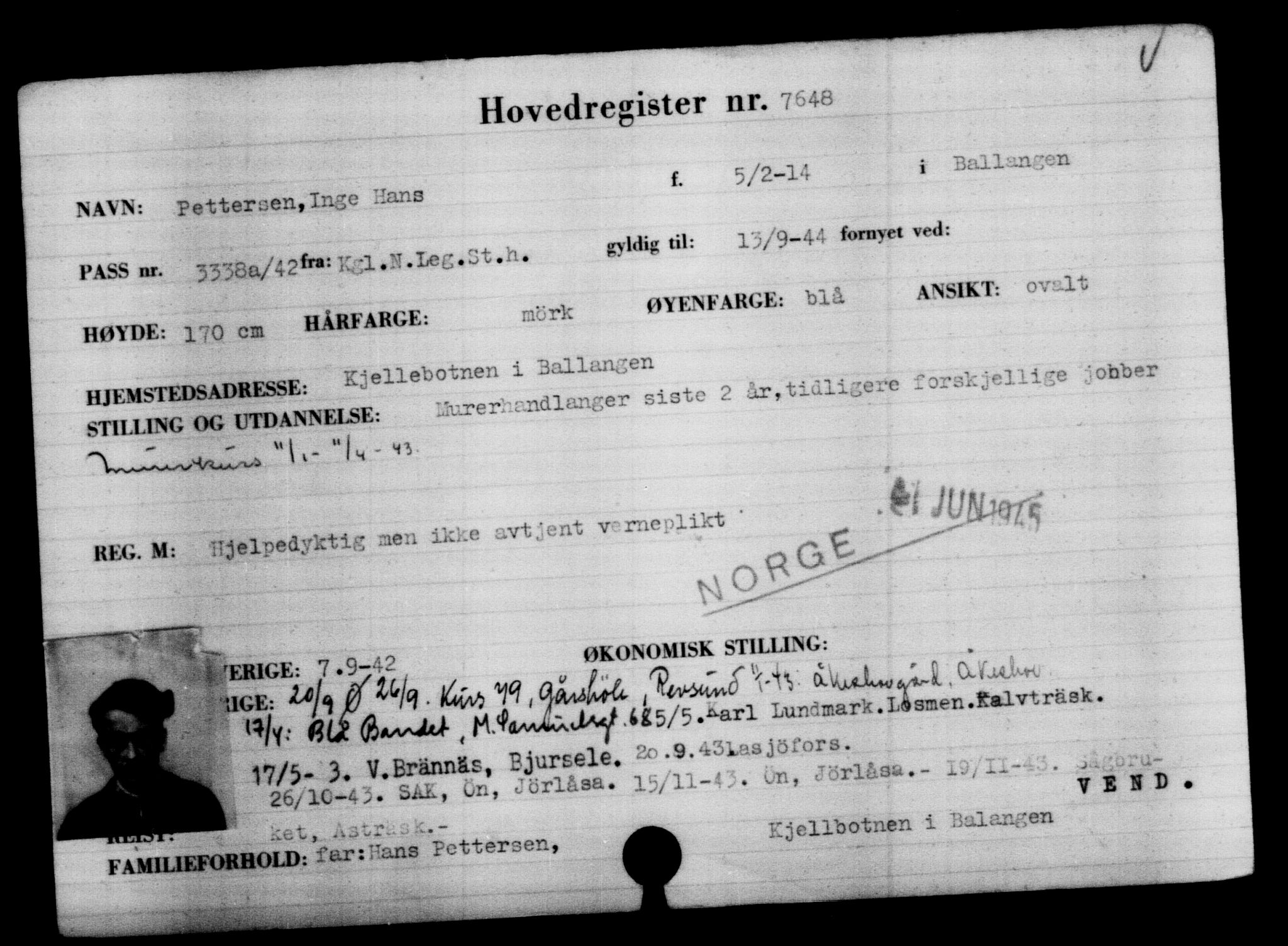 Utenriksstasjonene, Legasjonen i Stockholm, Flyktningkontoret, AV/RA-S-6753/V/Va/L0005: Kjesäterkartoteket, flyktninger med registreringsnr. 6600-9417, 1940-1945, p. 1223