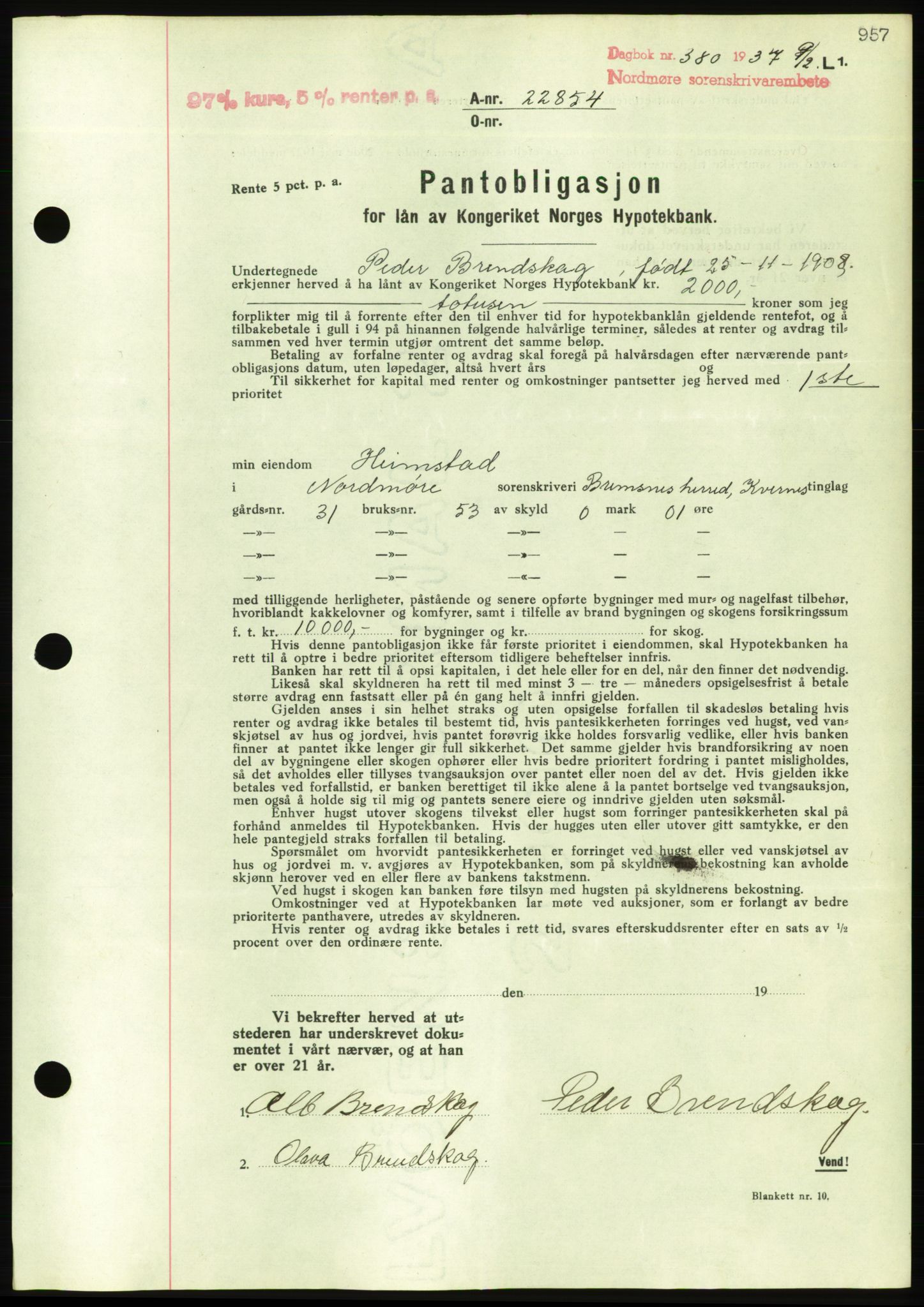 Nordmøre sorenskriveri, AV/SAT-A-4132/1/2/2Ca/L0090: Mortgage book no. B80, 1936-1937, Diary no: : 380/1937