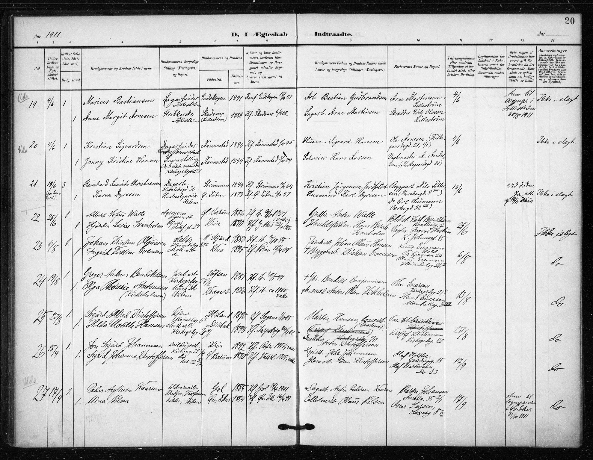 Tøyen prestekontor Kirkebøker, SAO/A-10167a/F/Fa/L0002: Parish register (official) no. 2, 1907-1916, p. 20