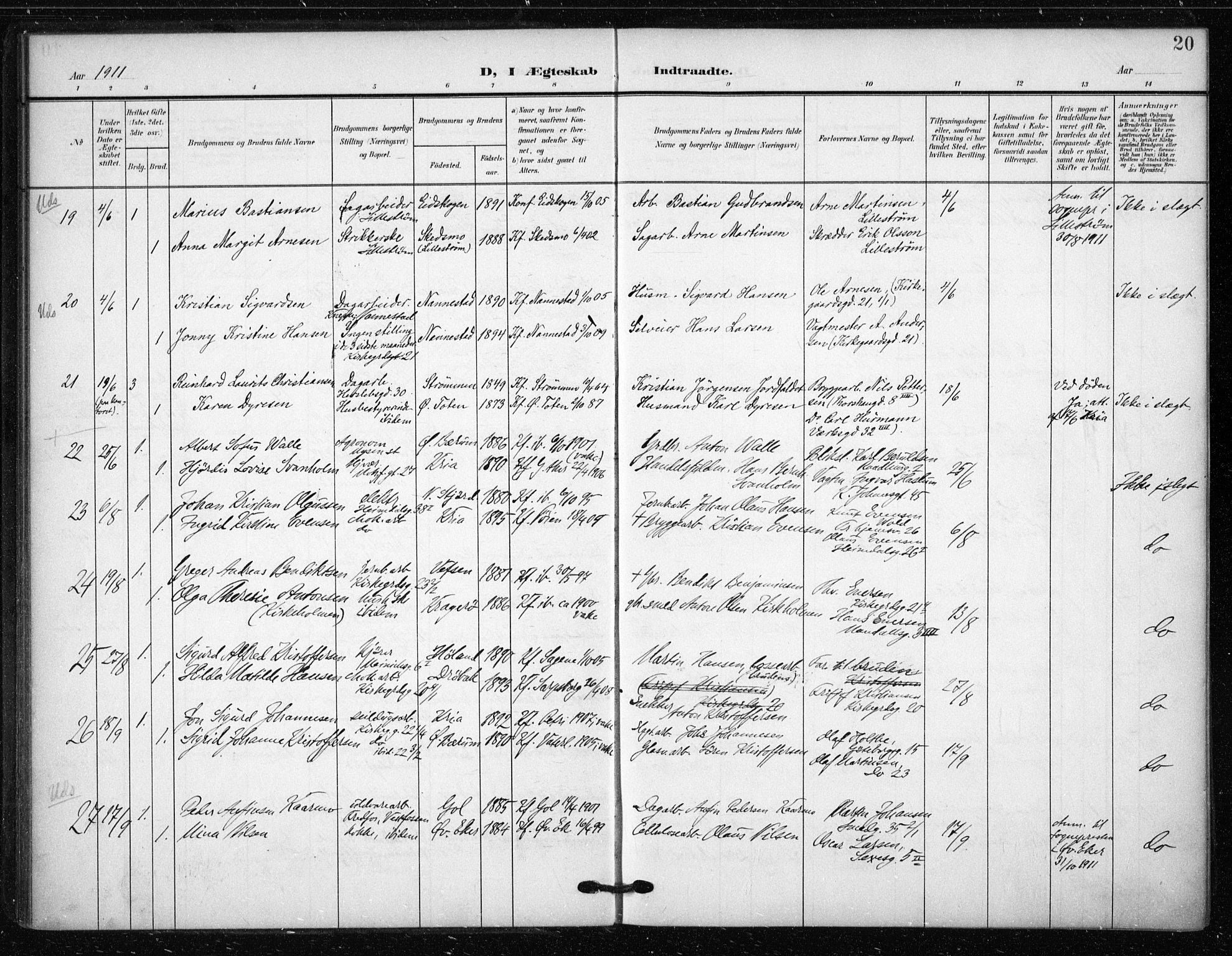 Tøyen prestekontor Kirkebøker, AV/SAO-A-10167a/F/Fa/L0002: Parish register (official) no. I 2, 1907-1916, p. 20