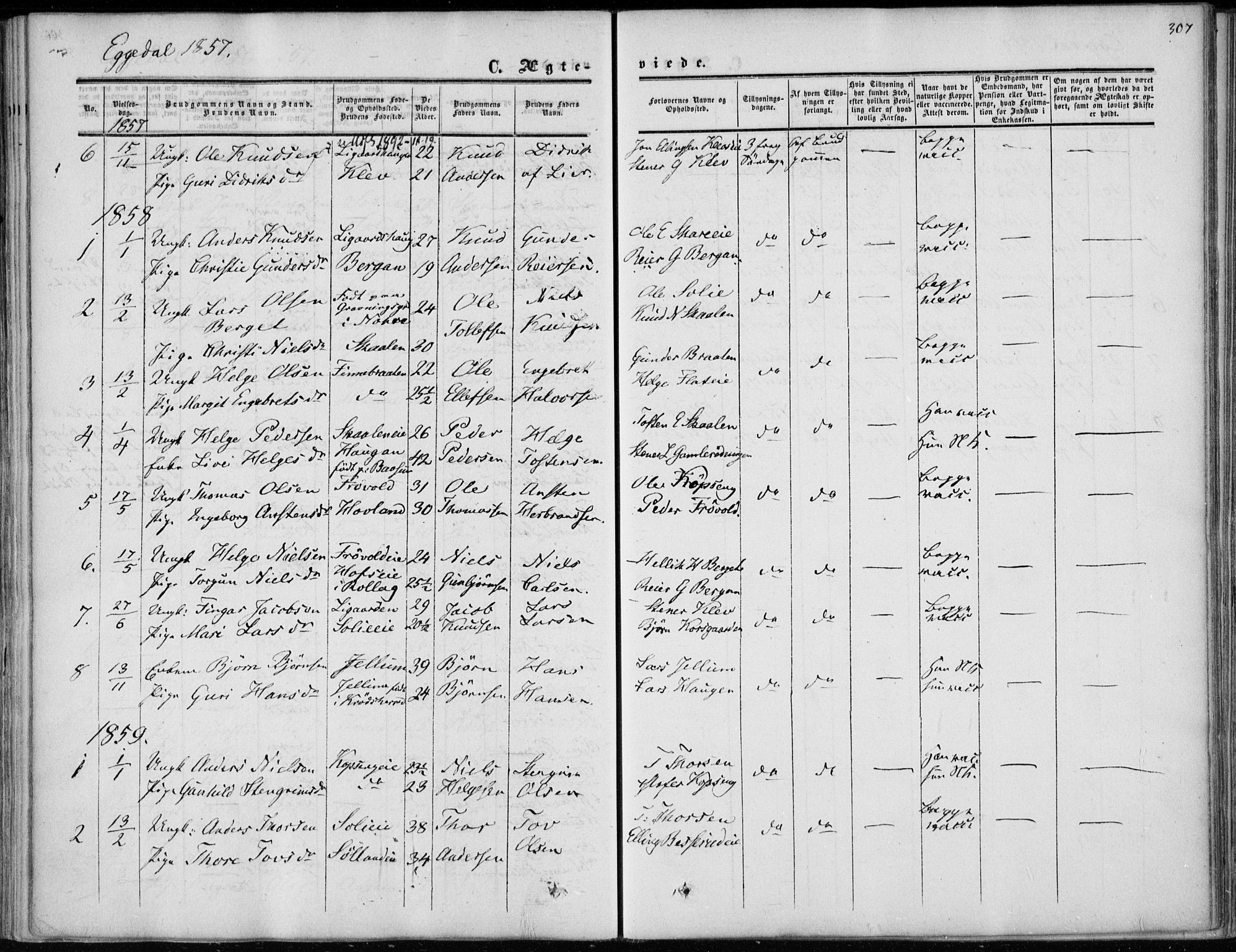 Sigdal kirkebøker, SAKO/A-245/F/Fa/L0008: Parish register (official) no. I 8, 1850-1859, p. 307