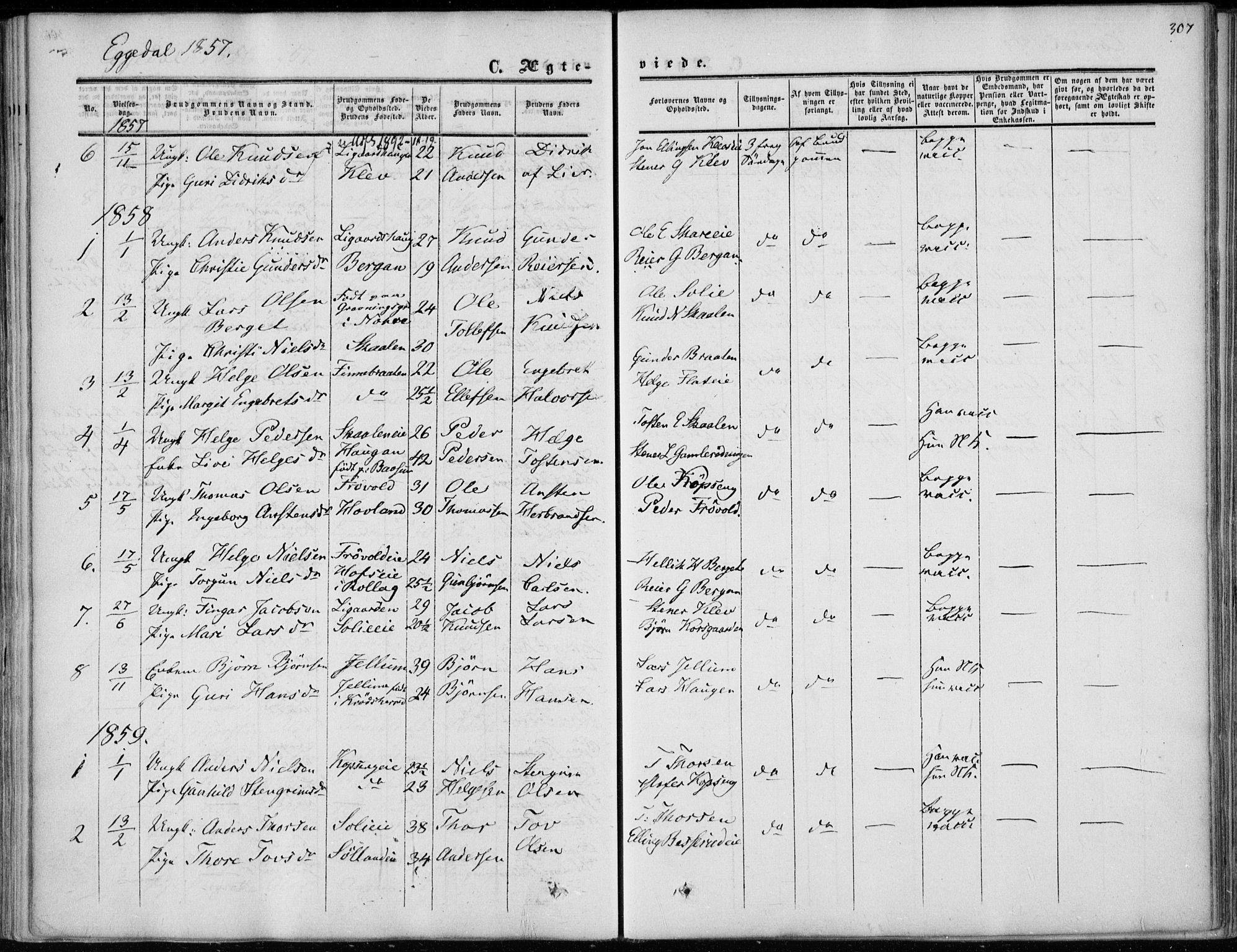 Sigdal kirkebøker, AV/SAKO-A-245/F/Fa/L0008: Parish register (official) no. I 8, 1850-1859, p. 307