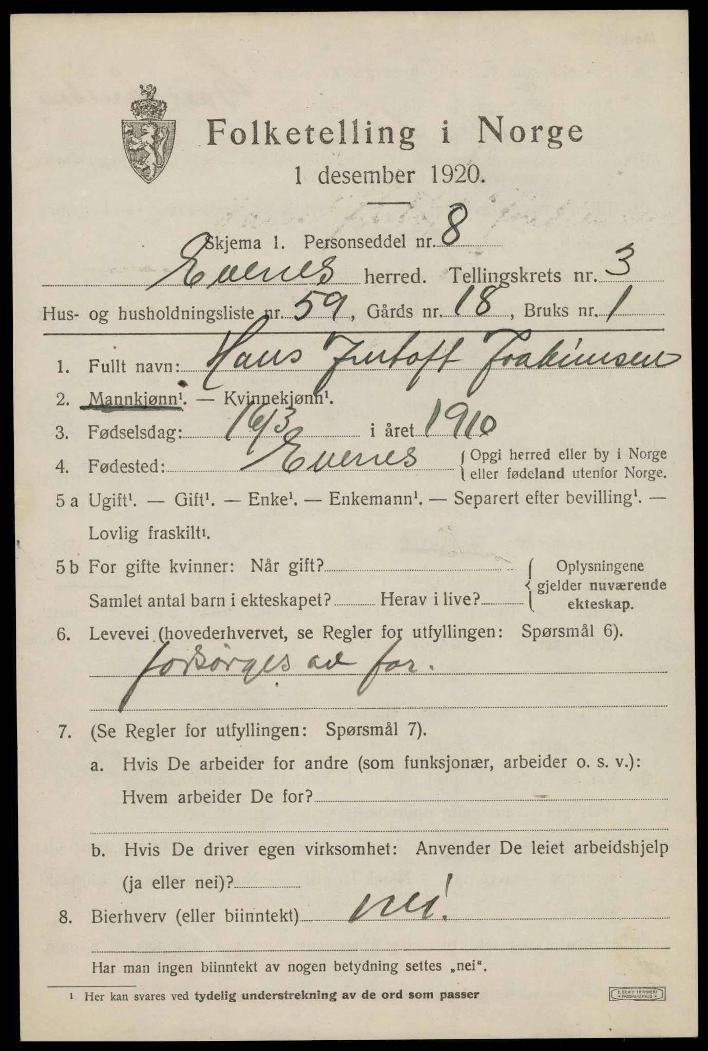 SAT, 1920 census for Evenes, 1920, p. 3586