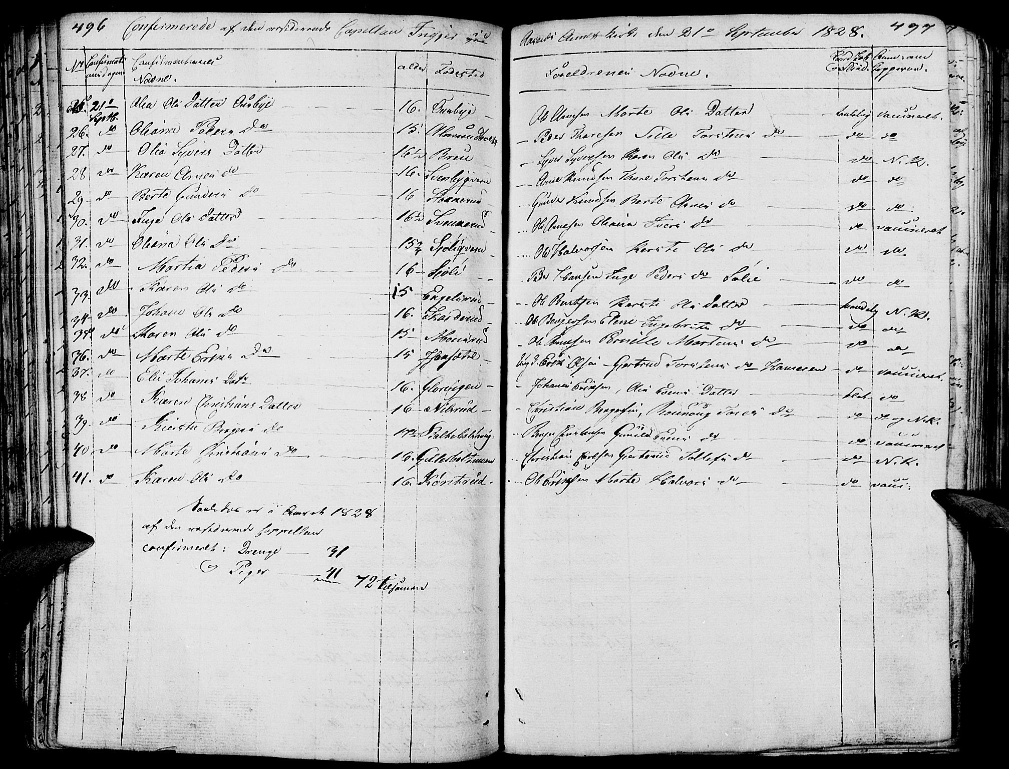 Hof prestekontor, SAH/PREST-038/H/Ha/Haa/L0006: Parish register (official) no. 6, 1822-1841, p. 496-497