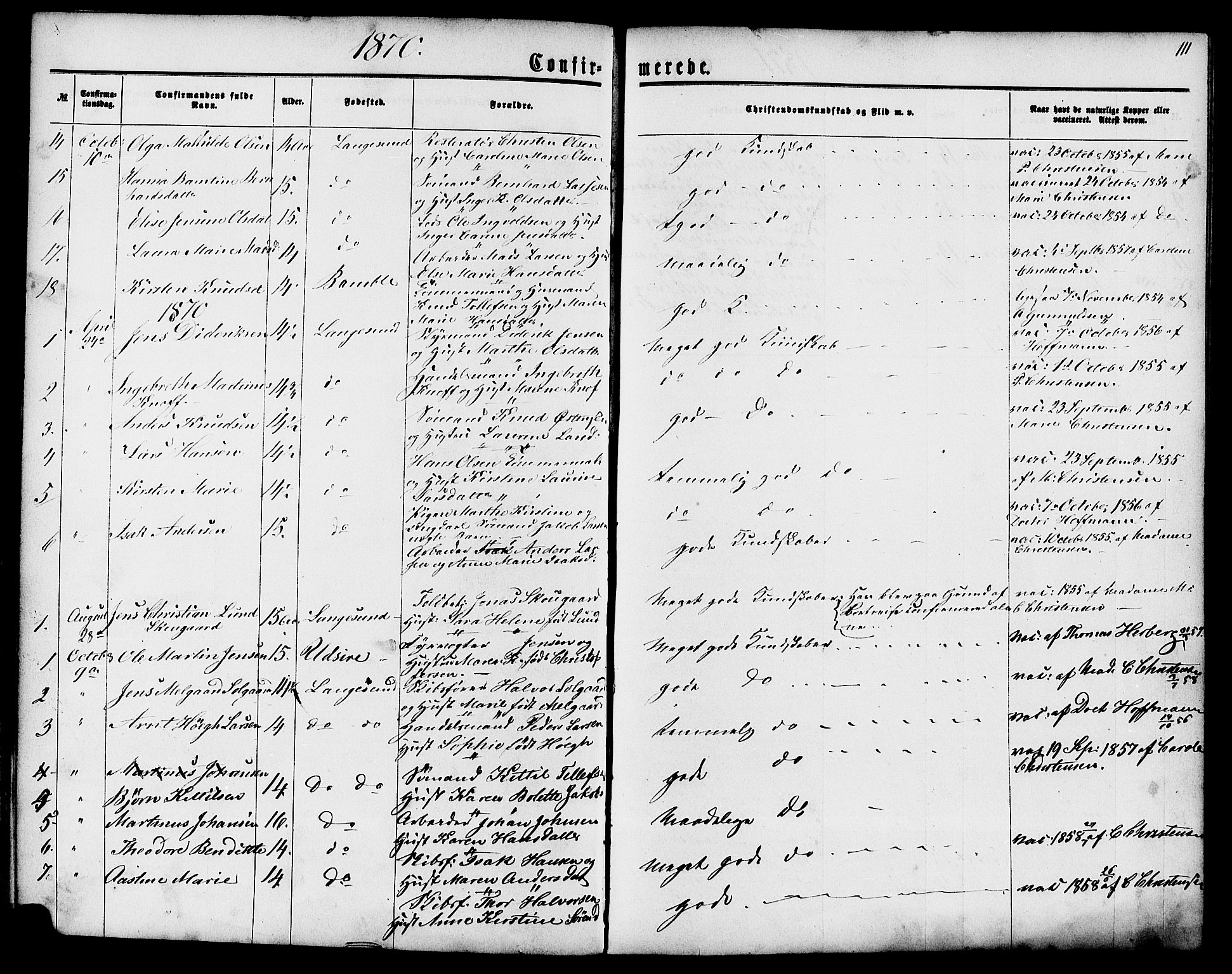 Langesund kirkebøker, SAKO/A-280/G/Ga/L0004: Parish register (copy) no. 4, 1859-1884, p. 111