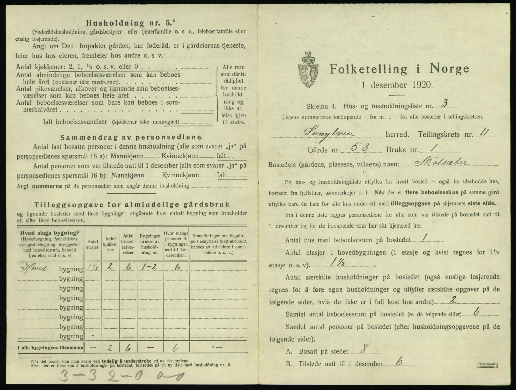 SAT, 1920 census for Sunnylven, 1920, p. 462