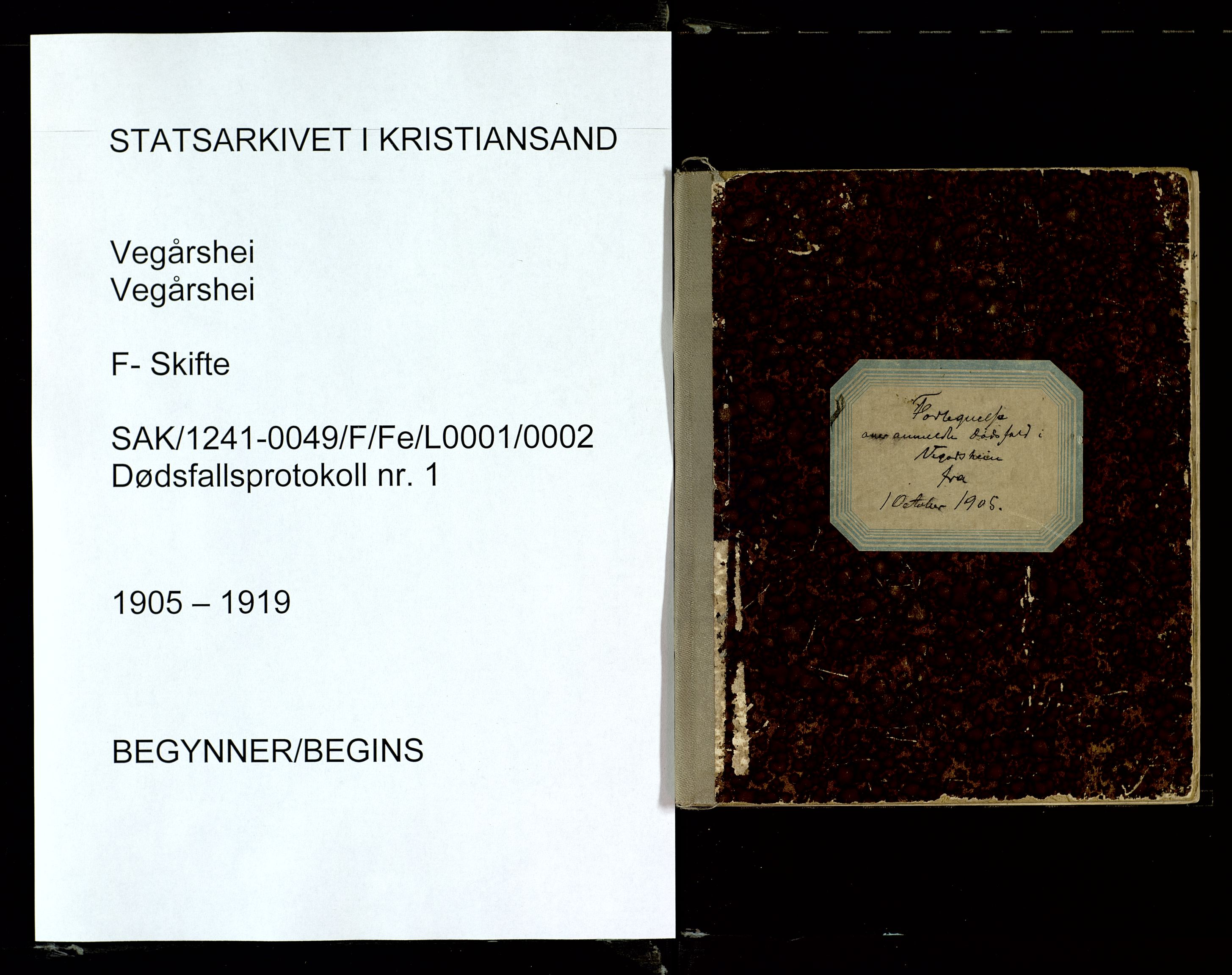 Vegårshei lensmannskontor, SAK/1241-0049/F/Fe/L0001/0002: Dødsfallsprotokoller / Dødsfallsprotokoll, 1905-1919