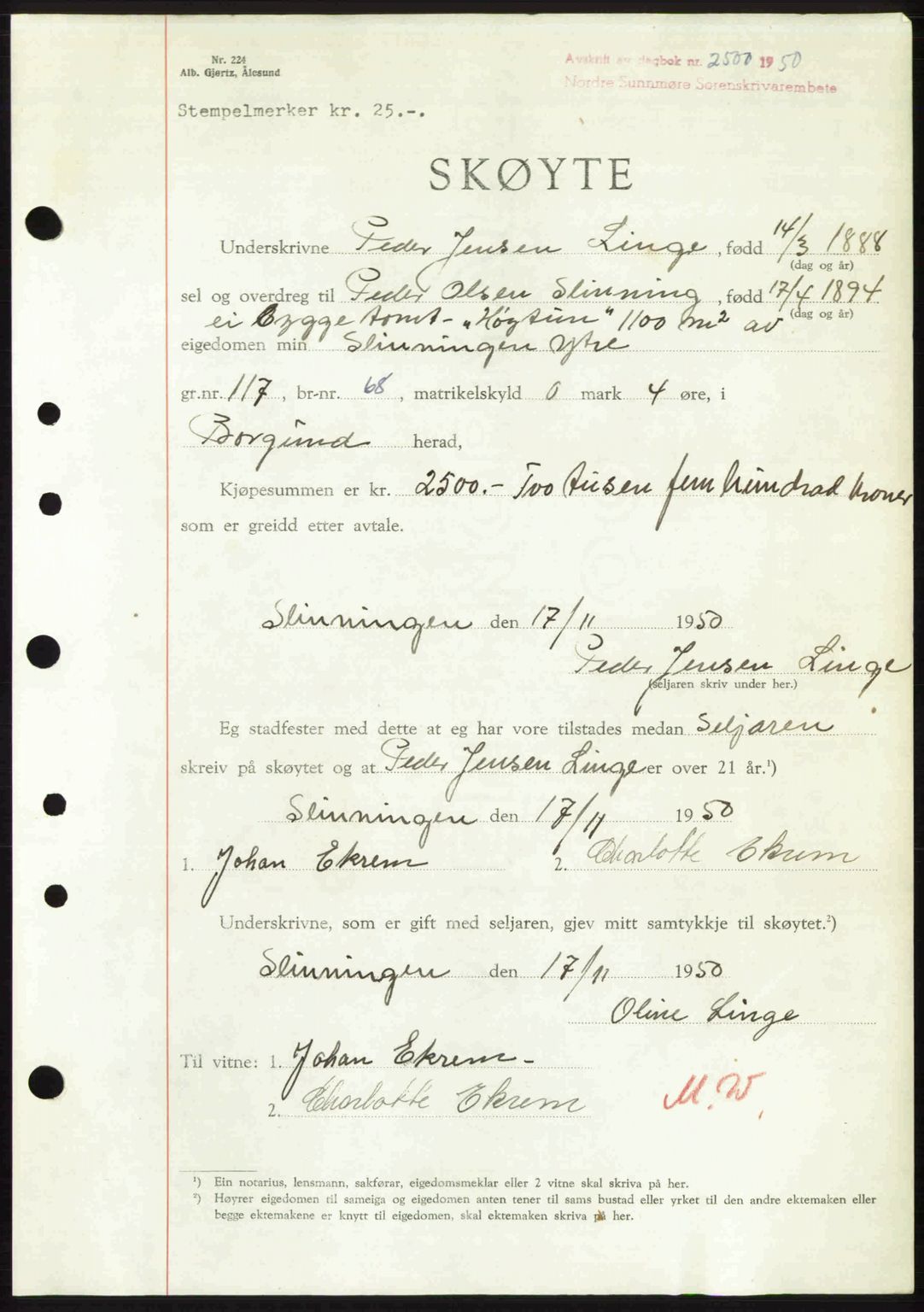 Nordre Sunnmøre sorenskriveri, AV/SAT-A-0006/1/2/2C/2Ca: Mortgage book no. A36, 1950-1950, Diary no: : 2500/1950