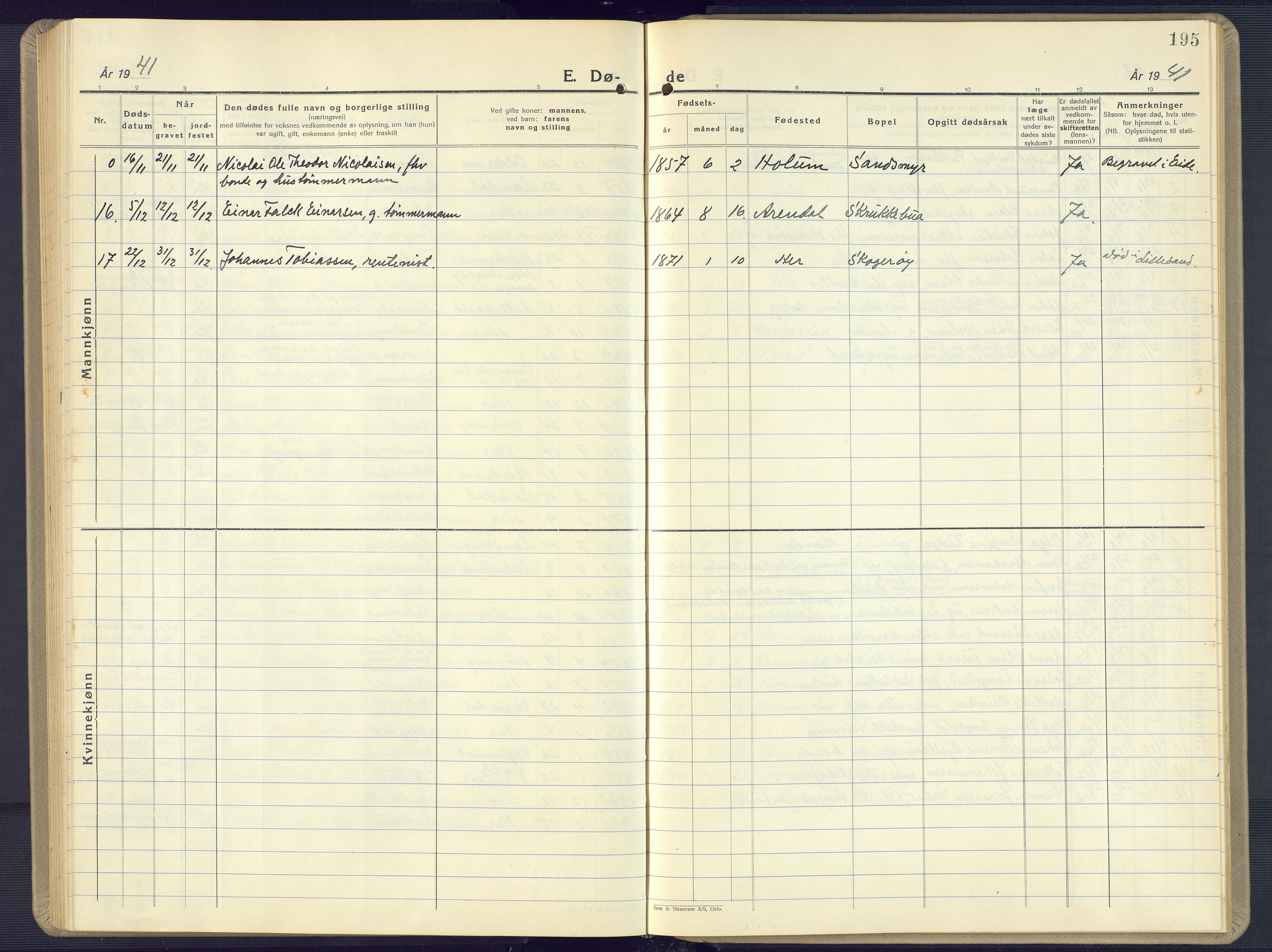 Vestre Moland sokneprestkontor, AV/SAK-1111-0046/F/Fb/Fbb/L0008: Parish register (copy) no. B 8, 1930-1966, p. 195