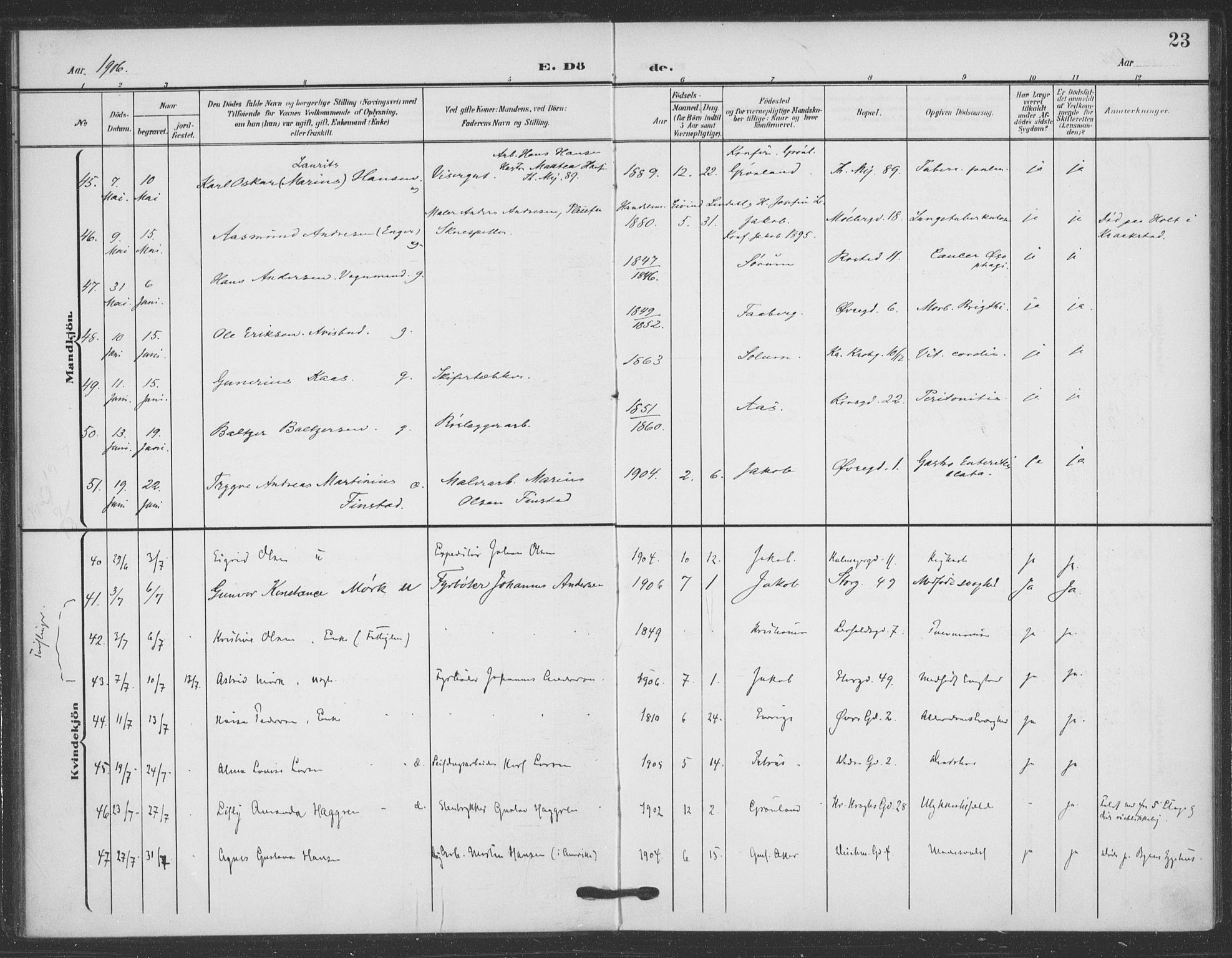 Jakob prestekontor Kirkebøker, SAO/A-10850/F/Fa/L0011: Parish register (official) no. 11, 1906-1920, p. 23