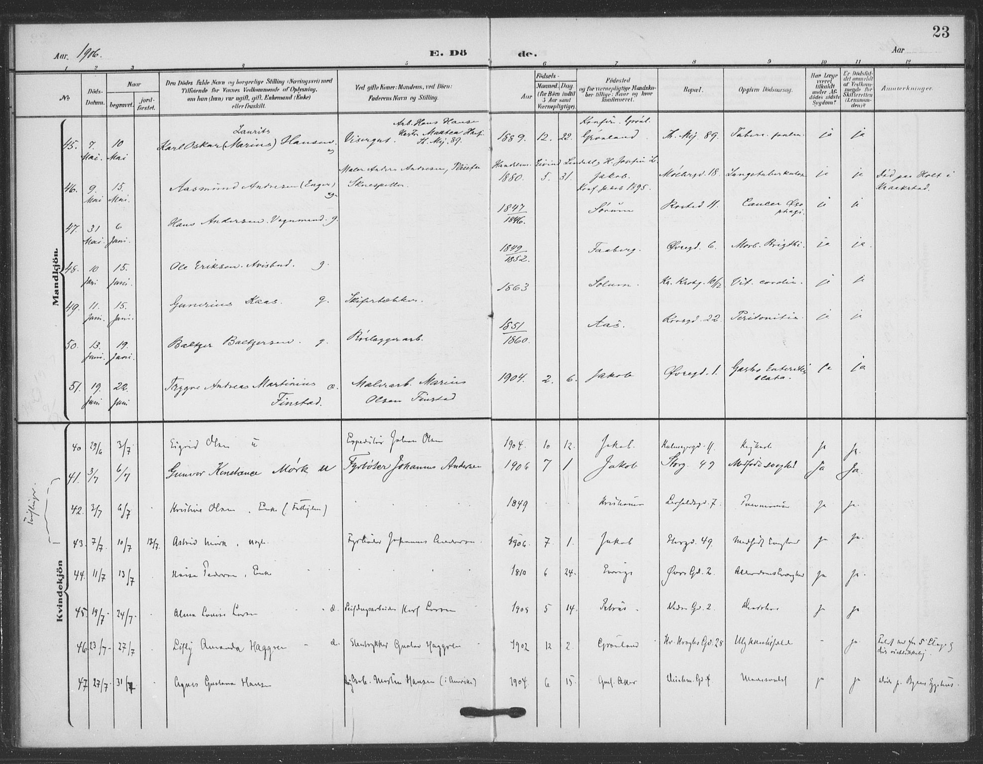 Jakob prestekontor Kirkebøker, AV/SAO-A-10850/F/Fa/L0011: Parish register (official) no. 11, 1906-1920, p. 23