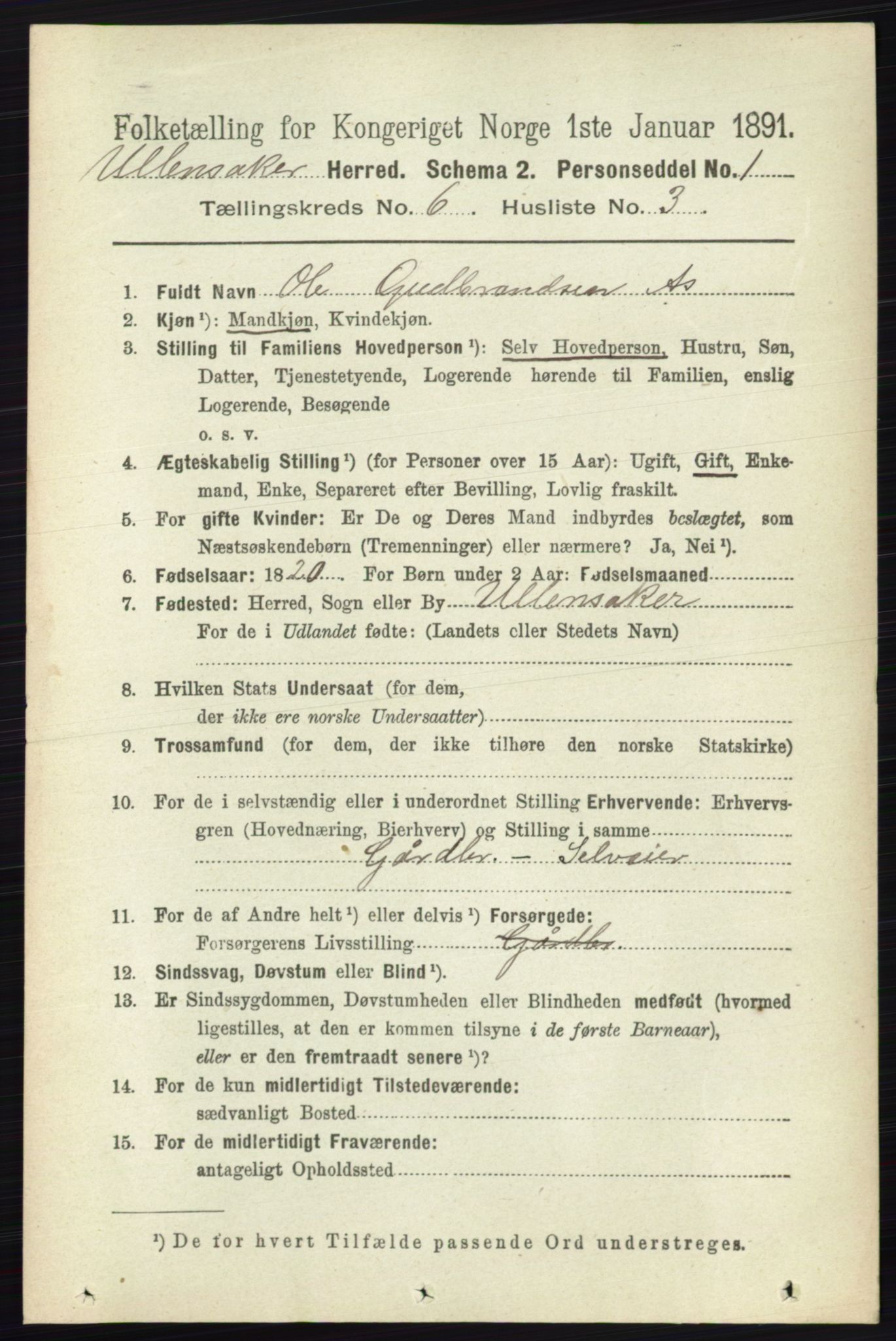 RA, 1891 census for 0235 Ullensaker, 1891, p. 2540