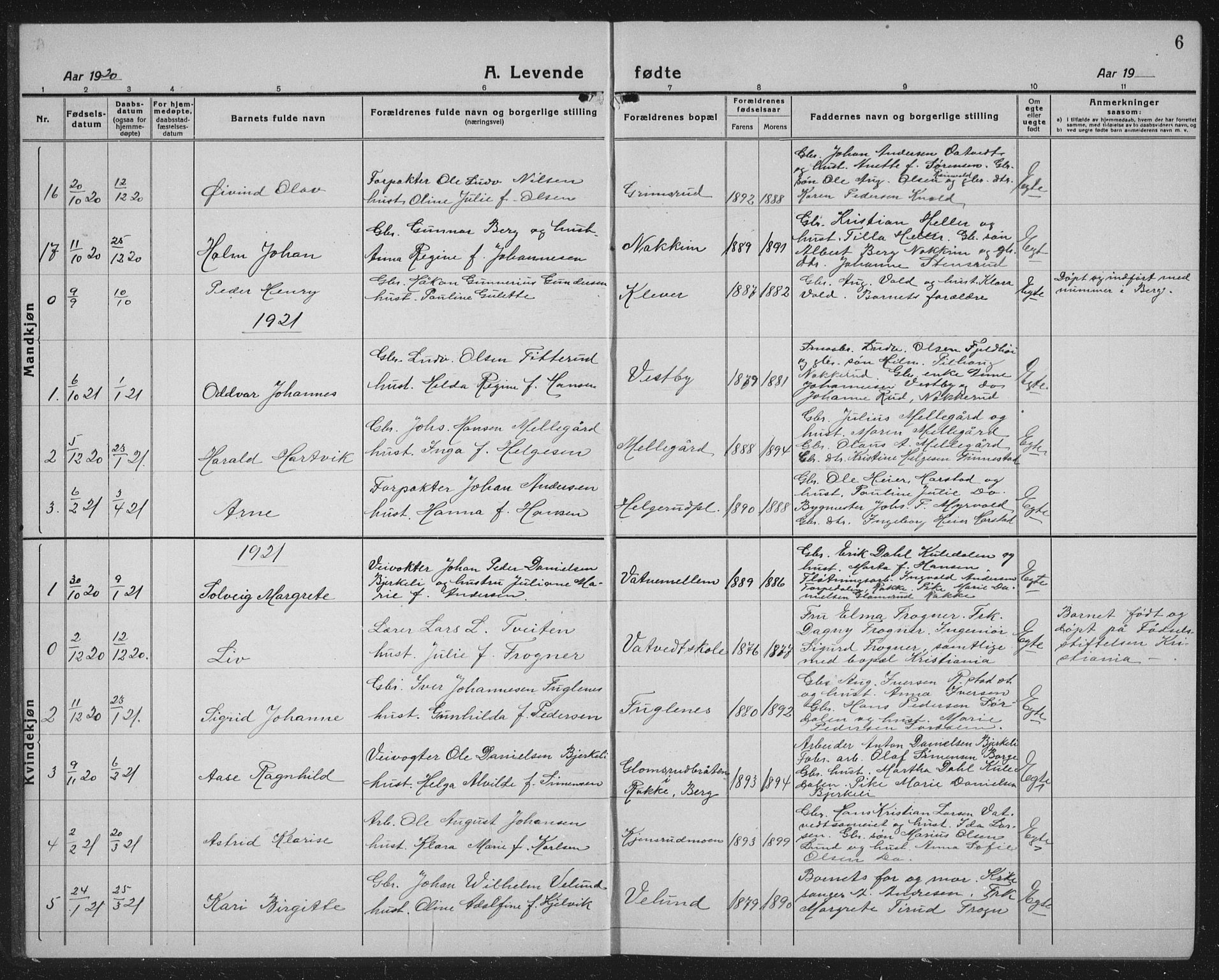 Rakkestad prestekontor Kirkebøker, AV/SAO-A-2008/G/Gb/L0003: Parish register (copy) no. II 3, 1920-1941, p. 6
