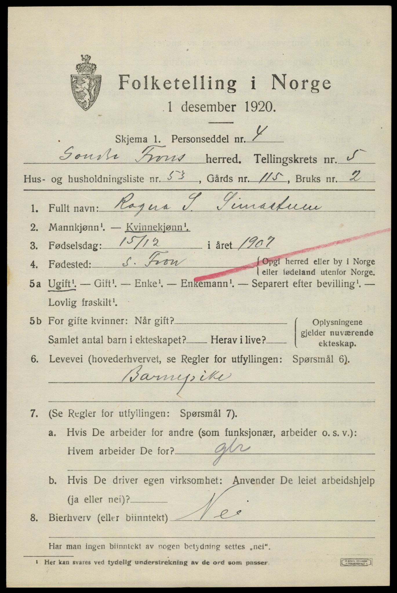 SAH, 1920 census for Sør-Fron, 1920, p. 6009