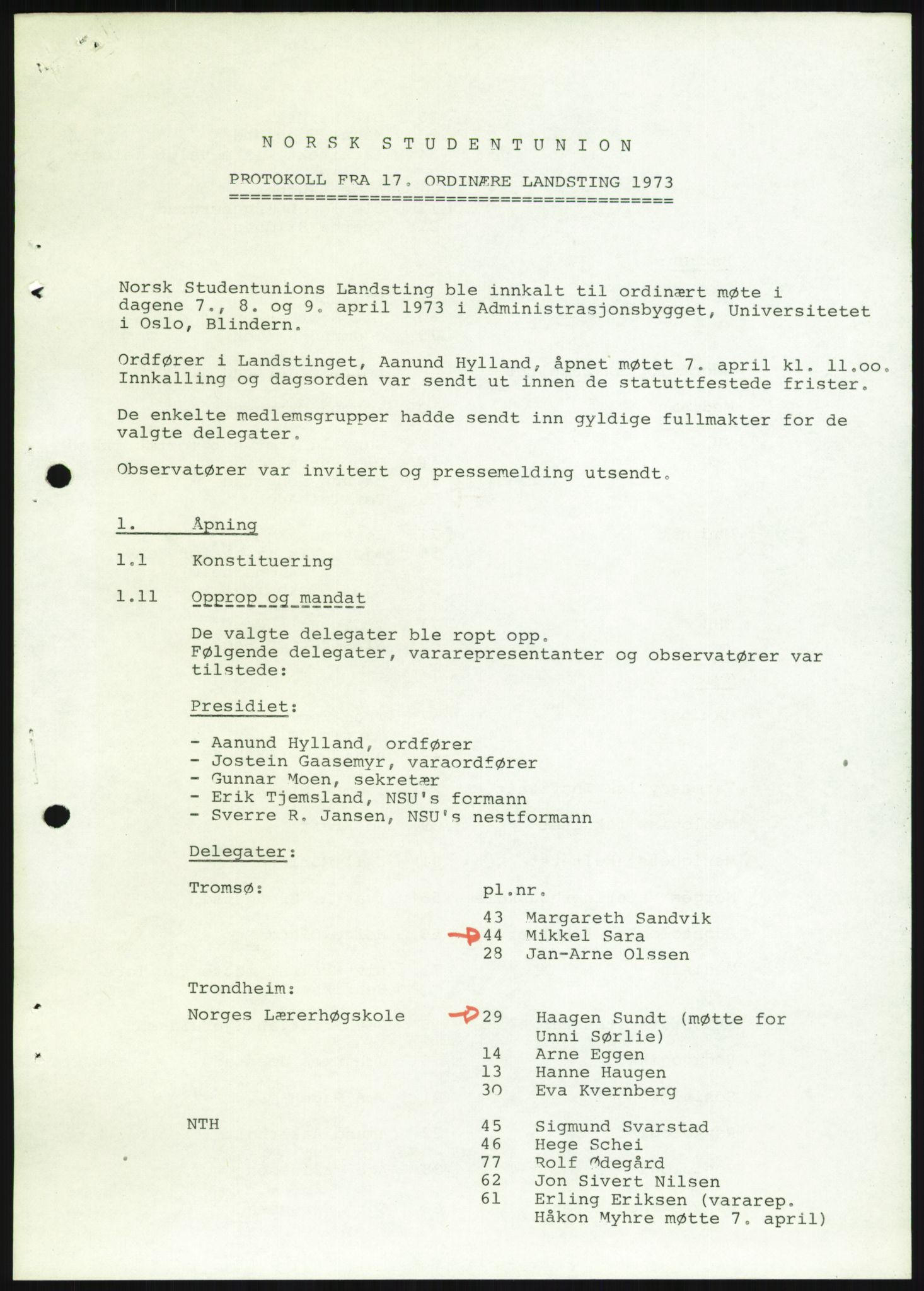 Norsk Studentunion, AV/RA-PA-0794/Fg/L0067: Landstinget, 1968-1979